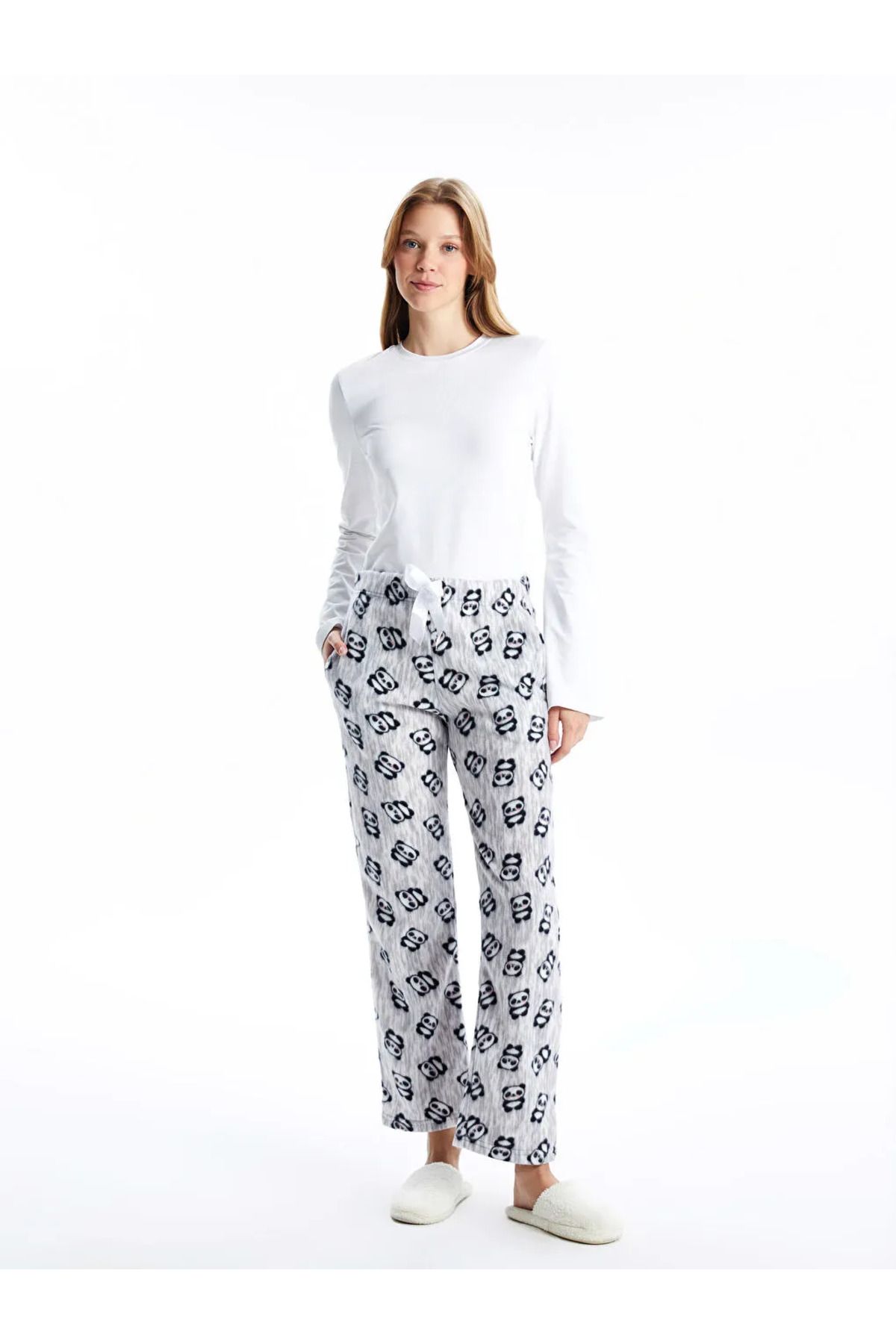 LC Waikiki Gri Beli Lastikli Baskılı Kadın Polar Pijama Altı