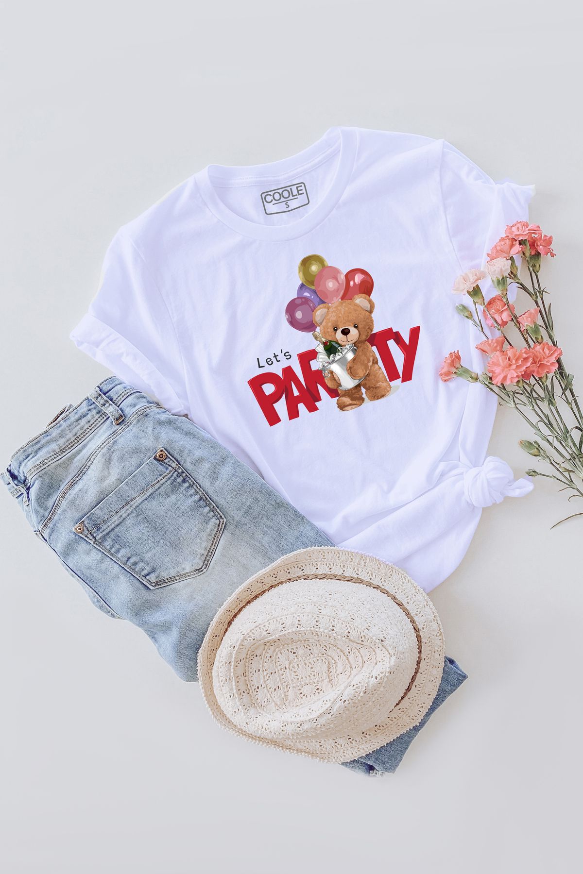 COOLE Kadın Let's Party Ayıcık Baskılı Kısa Kol Bisiklet Yaka T-Shirt