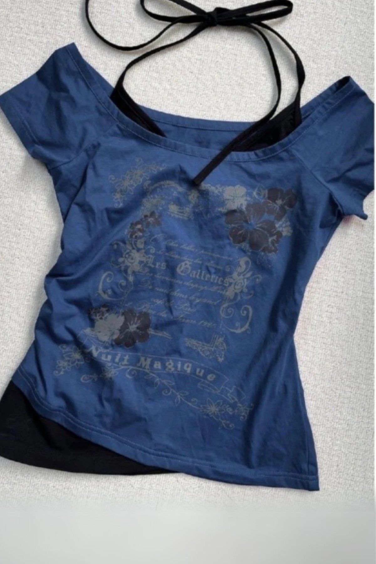 BALİNA Lacivert Nuit Magique Madonna Yaka Ek Askılı Kısa Kollu Full Body Crop Bluz THE SOLO
