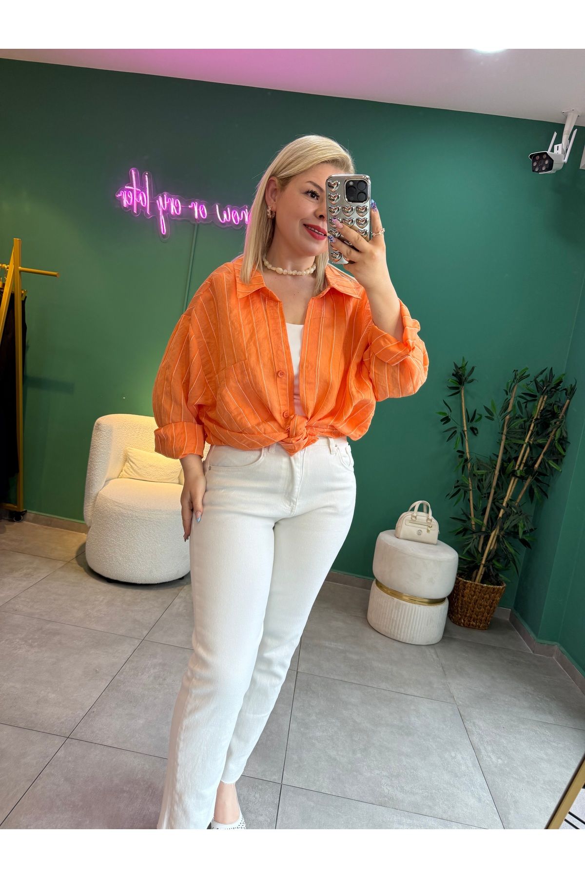tuğba kumlu butik Çizgili Turuncu Oversize Gömlek