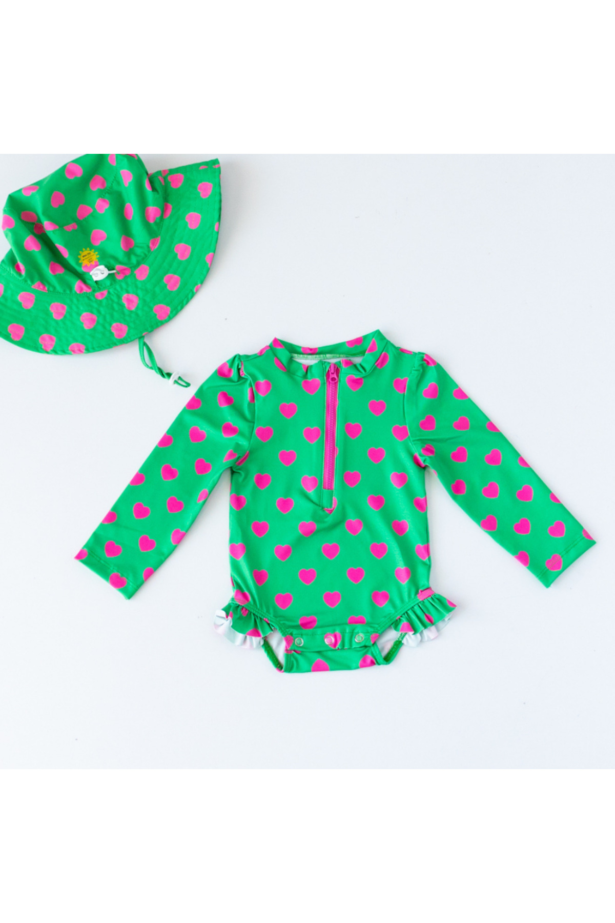 Mama Yoyo Baby Kids Önden Fermuarlı - Alttan Çıtçıtlı Mayo Kalpler Yeşil Pembe fotoğrafı 3 (önizleme)