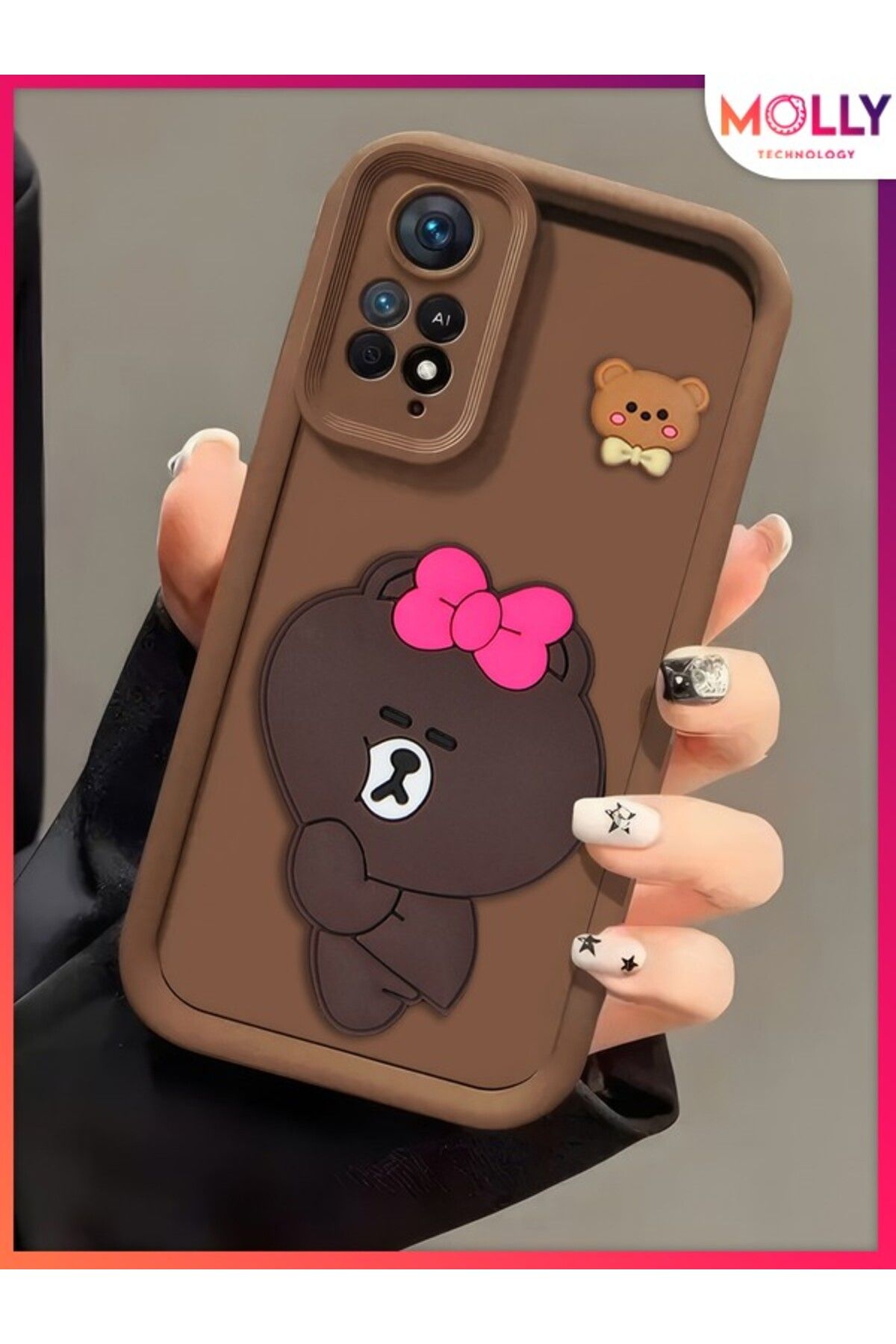 Molly Xiaomi Redmi Note 11 Pro İçin Fallow Brown Kenarları Kalın 3d Kabartmalı Alice Bear Silikon Kılıf