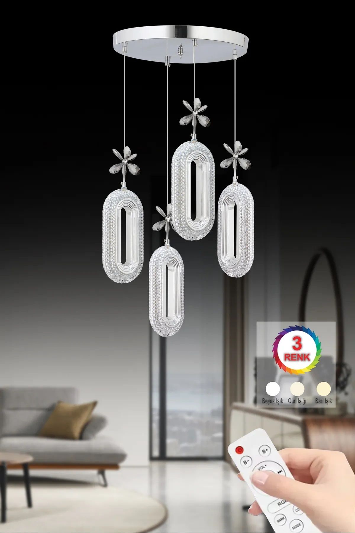 Reell Alfa Led 4'lü Krom Kumandalı 3 Renk Ledli Kristal Taşlı Modern Led Avize