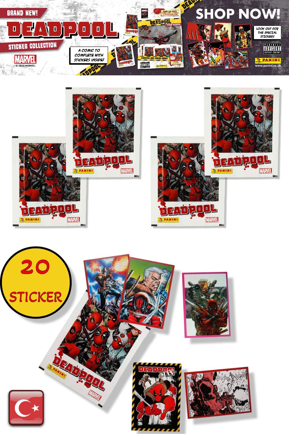 TOYFEST 4 PAKET - Marvel Deadpool Çıkartma Paketi | Panini Lisanslı Ürün ( 20 STICKER )