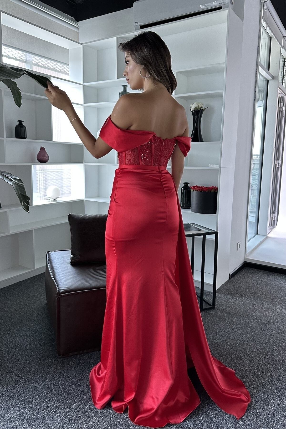 İyem Abiye-Rochie de seară cu design elegant din satin, brodat cu piatră transparentă, mulat strâns 7