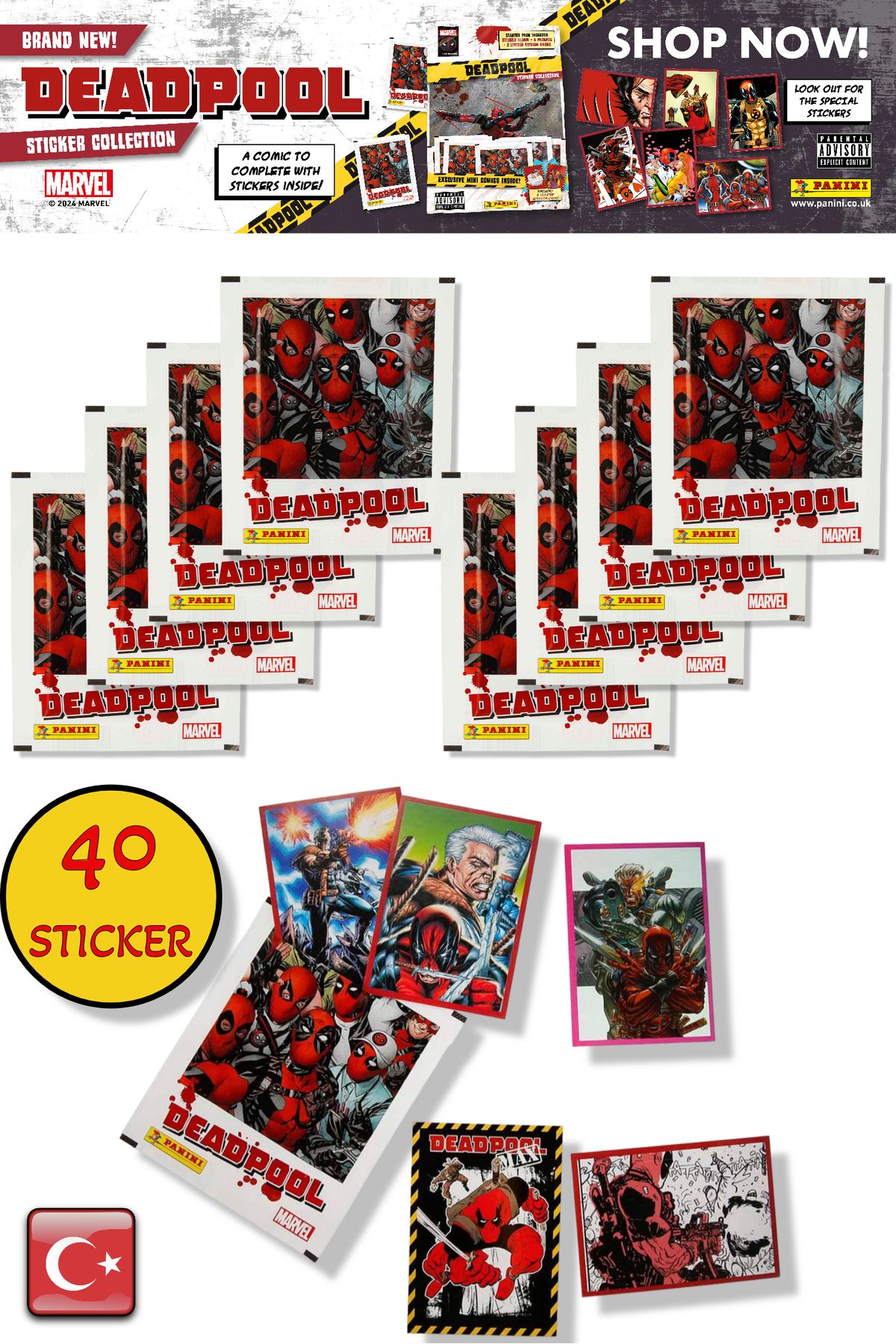 TOYFEST 8 PAKET - Marvel Deadpool Çıkartma Paketi | Panini Lisanslı Ürün ( 40 STICKER )