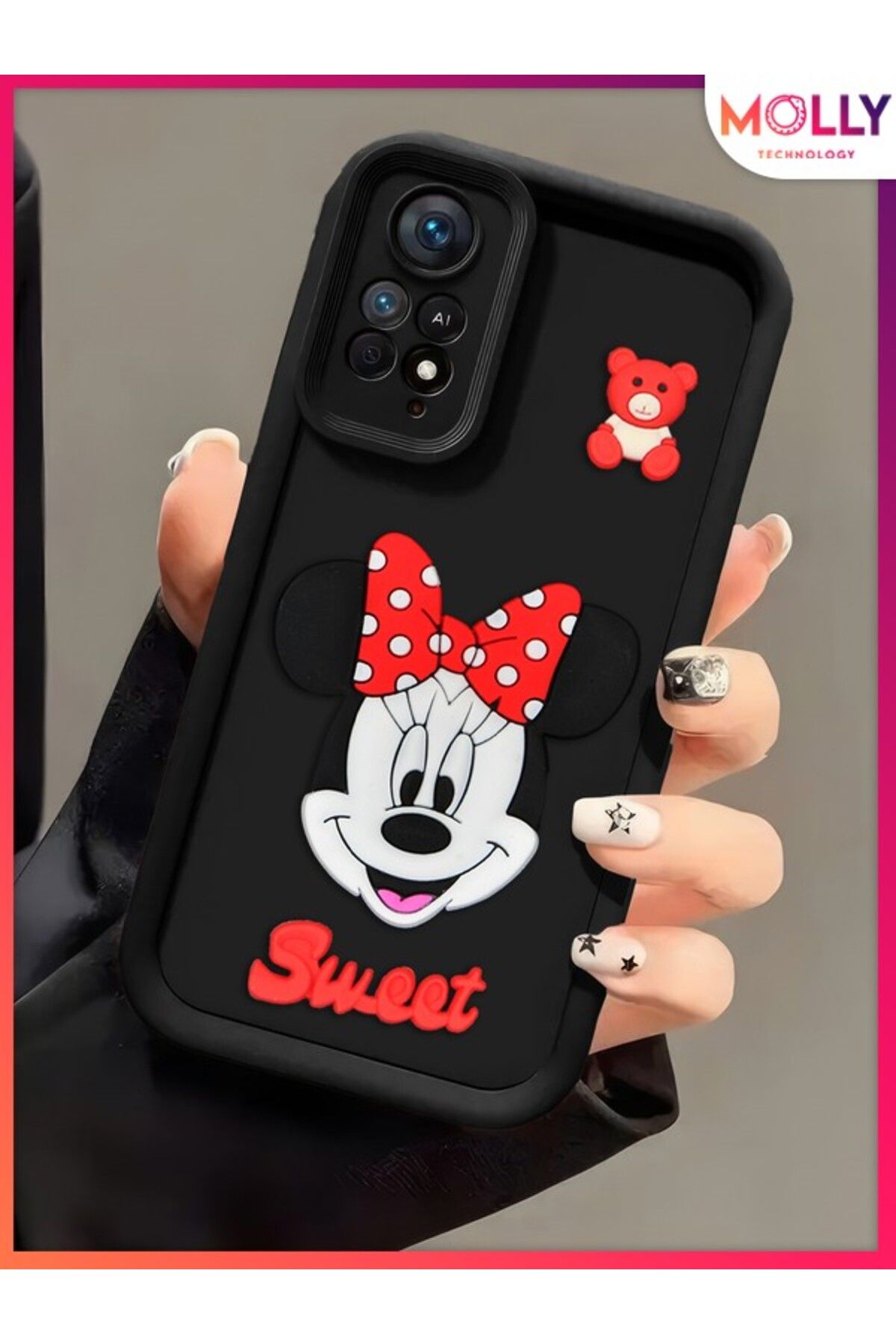Molly Xiaomi Redmi Note 11 Pro İçin Siyah Kenarları Kalın 3d Kabartmalı Sevimli Minnie Silikon Kılıf
