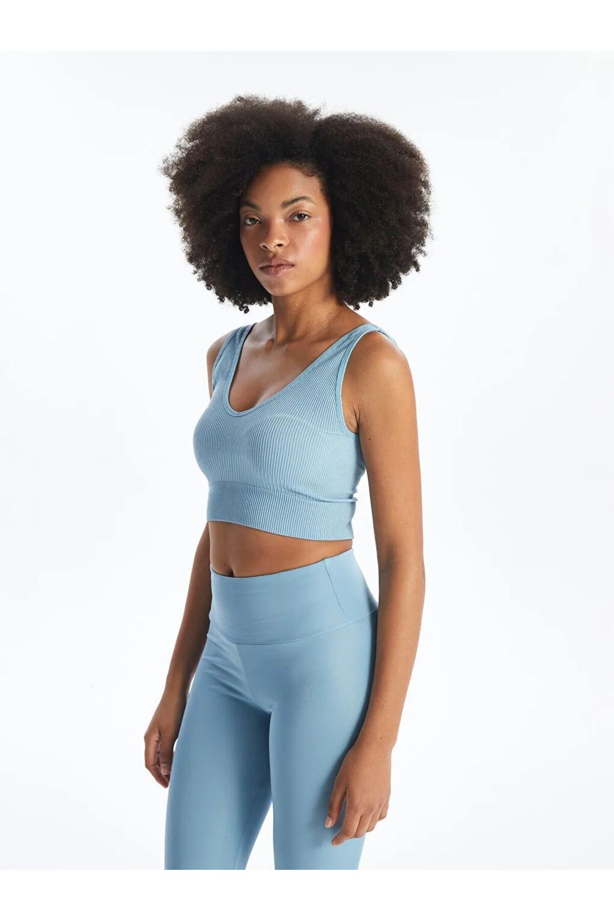 LC Waikiki Mavi V Yaka Düz Seamless Kadın Spor Büstiyer