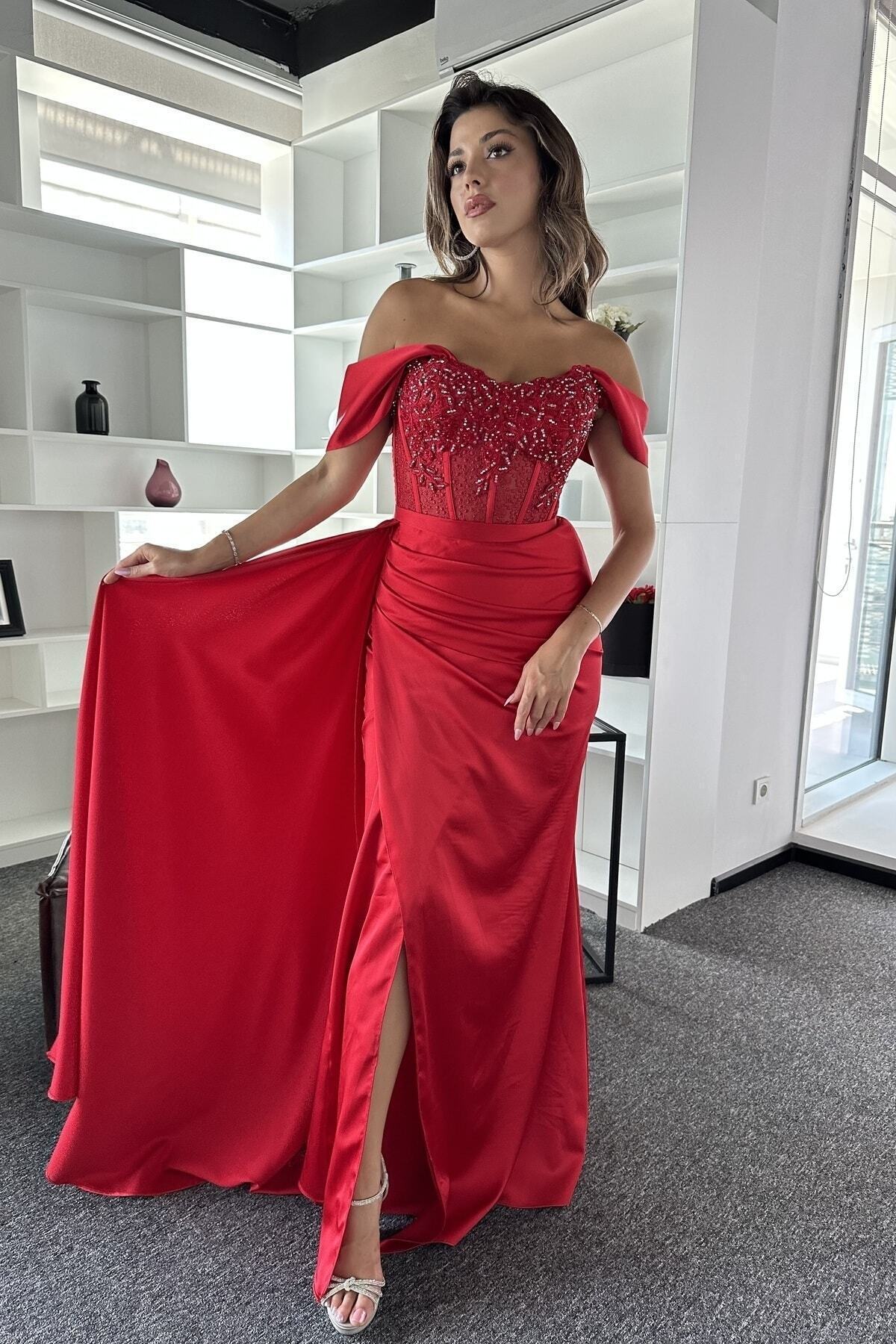İyem Abiye-Rochie de seară cu design elegant din satin, brodat cu piatră transparentă, mulat strâns 5