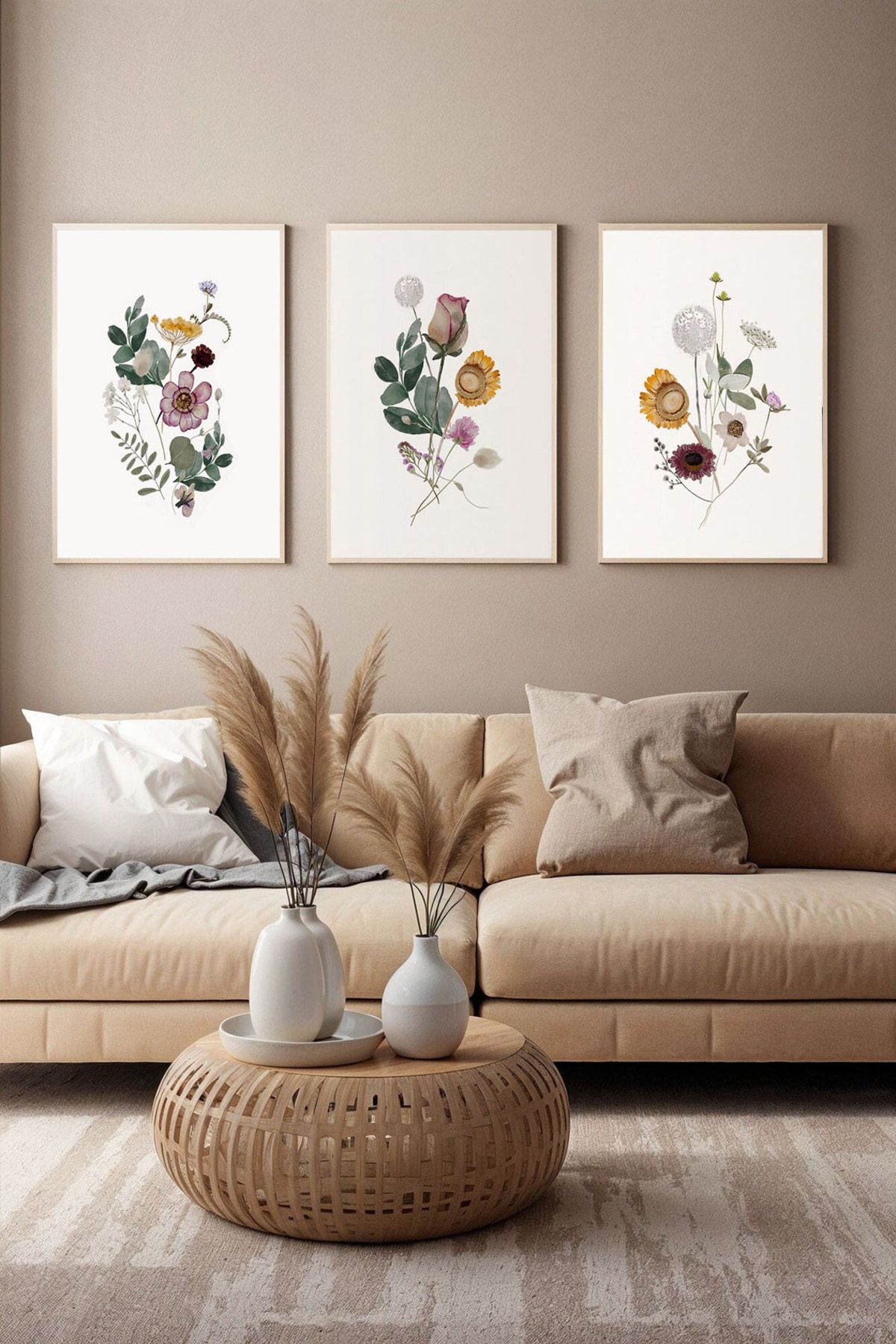 Artte Ahşap Çerçeveli 3’lü Bitki ve Çiçek Desenli Minimal Tablo Seti
