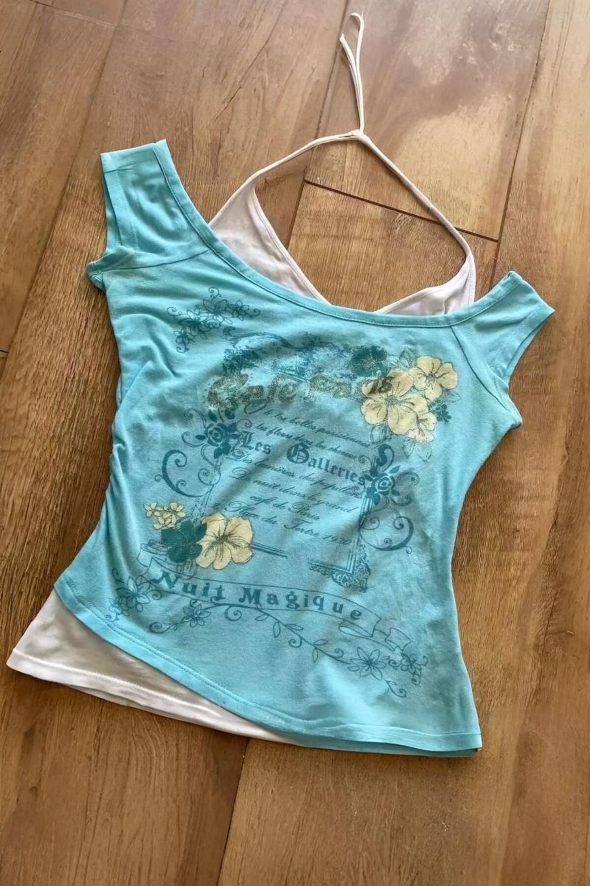 BALİNA Turkuaz Nuit Magique Madonna Yaka Ek Askılı Kısa Kollu Full Body Crop Bluz THE SOLO
