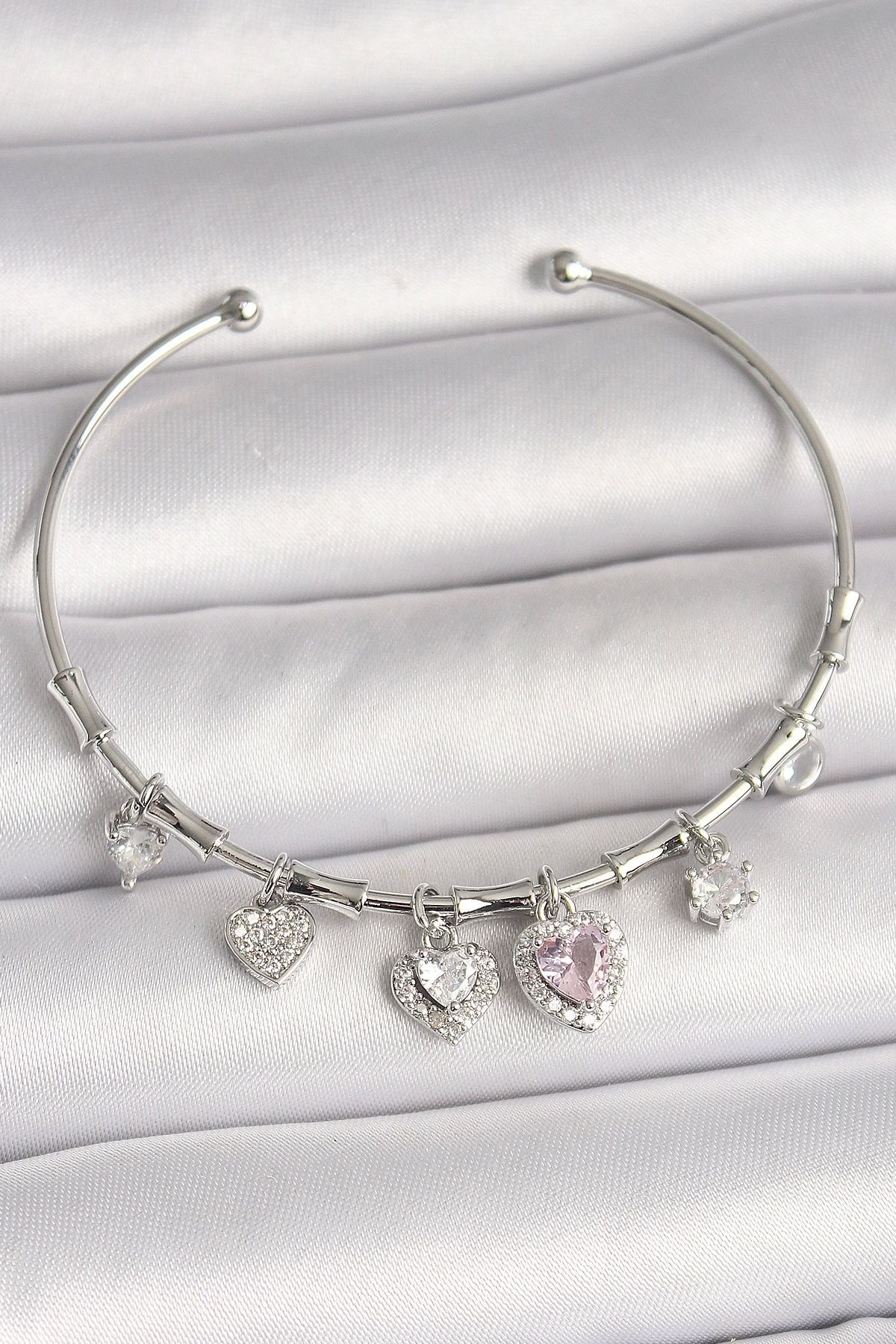 luz&pos Pirinç Gümüş Renk Sallantı Pembe Zirkon Taşlı Kalp Model Charm Kadın Bileklik