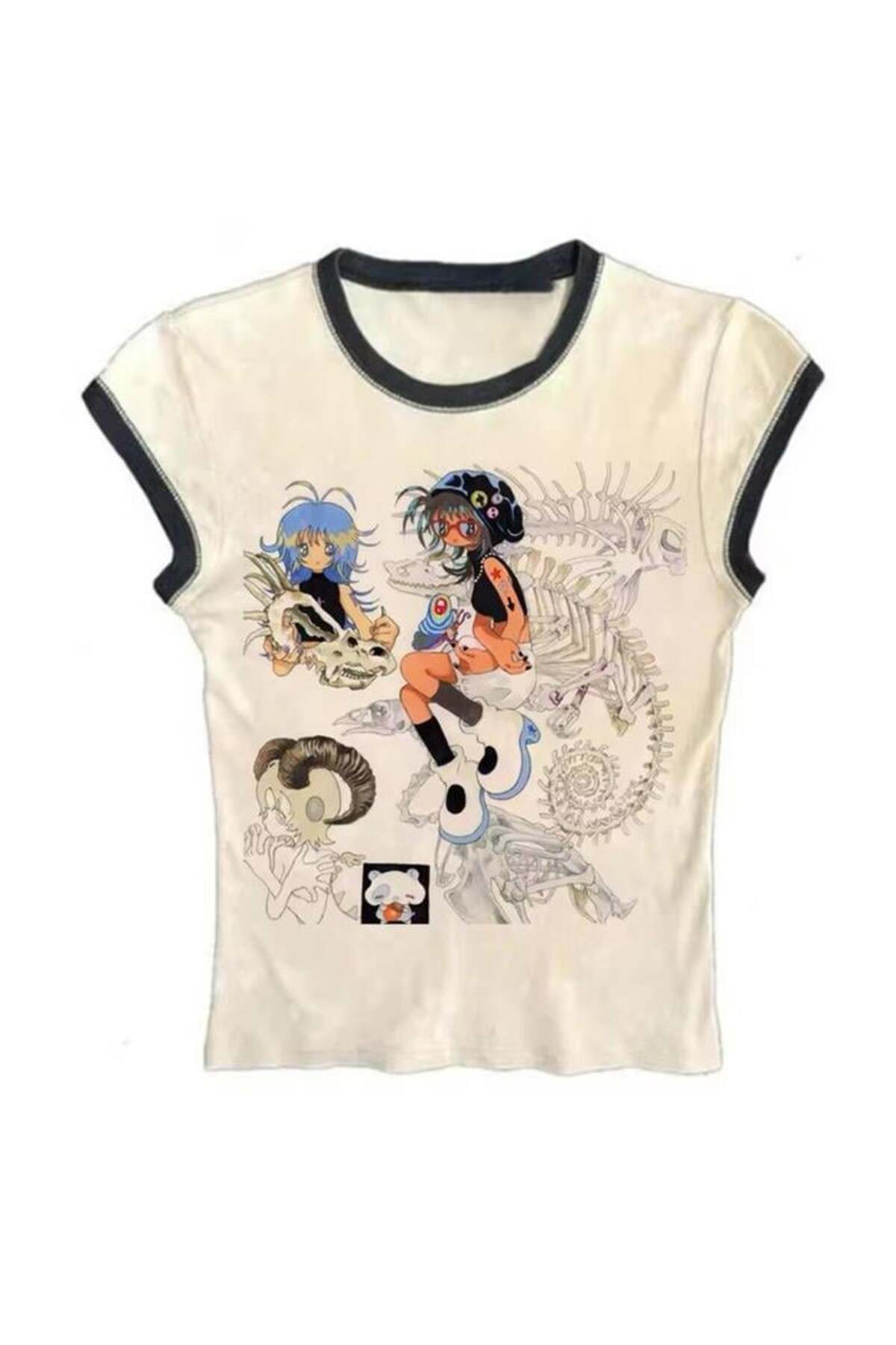 BALİNA Krem Anime Girls Skull Kısa Kollu Crop Bluz THE SOLO