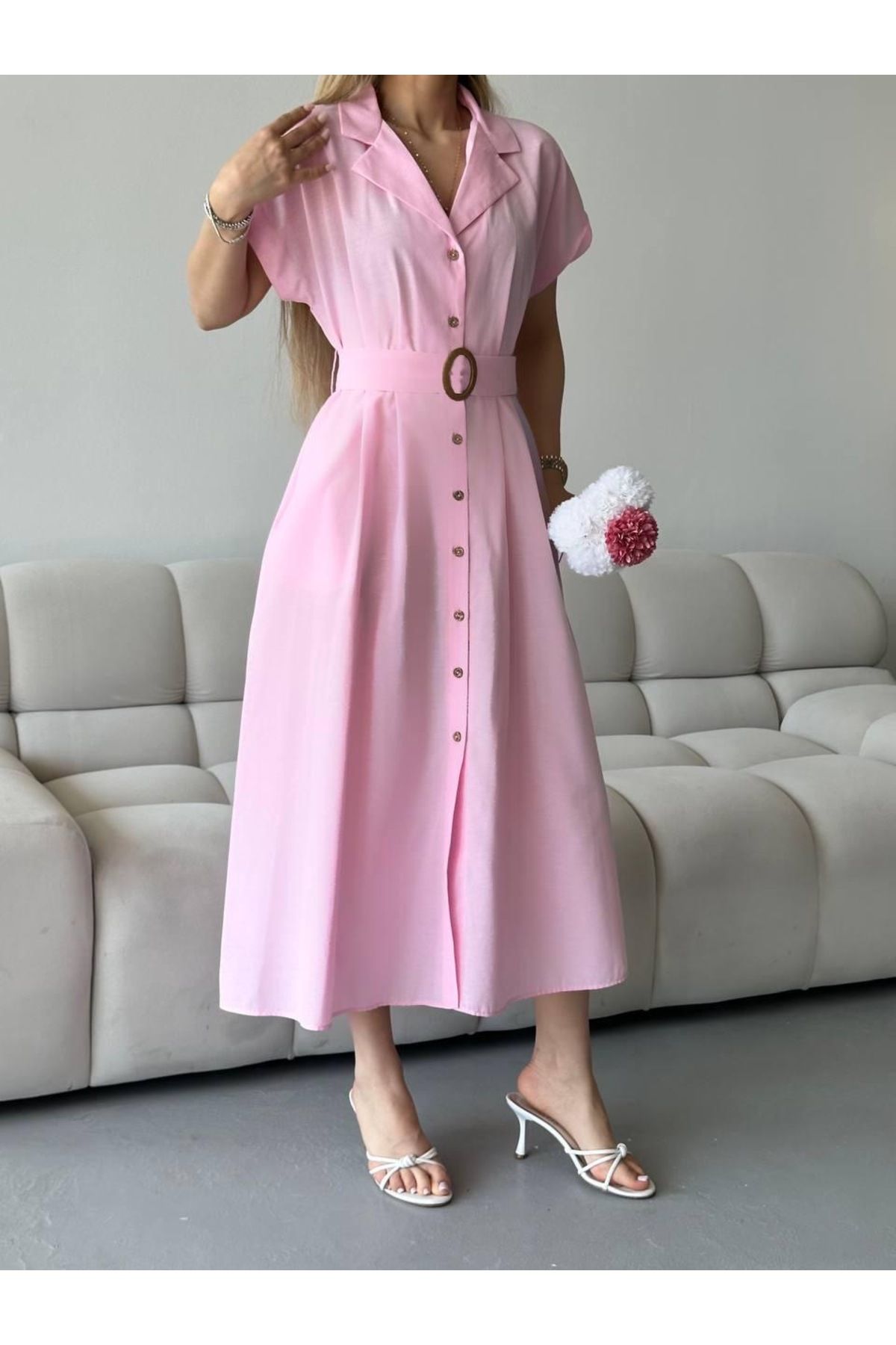 Ekim Store Kemerli Full Düğmeli Maxi Elbise