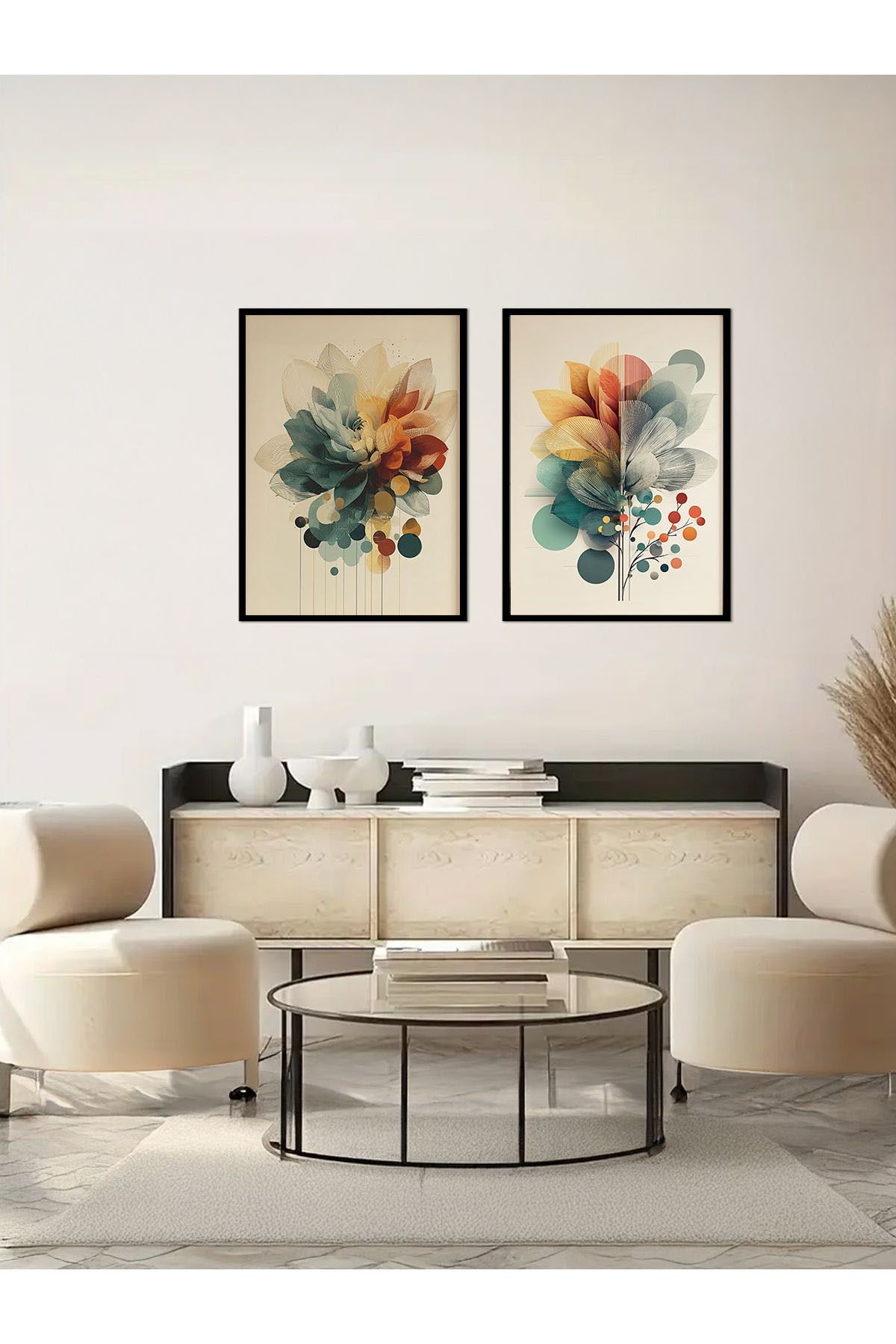 Artte Ahşap Çerçeveli Soyut Renkli Çiçek Desenli 2’li Modern Tablo