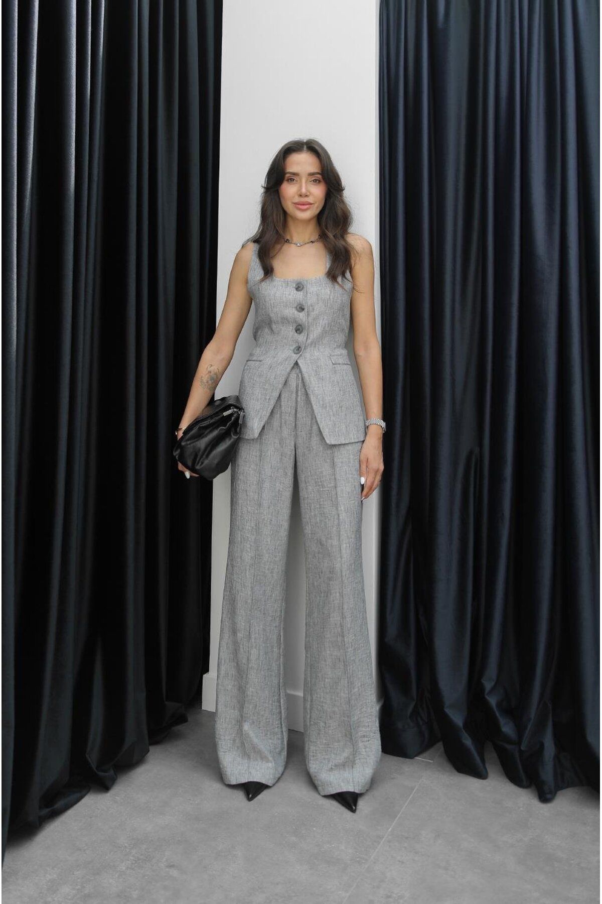 Hotfashion Kare Yaka Yelek Pantolon Takım