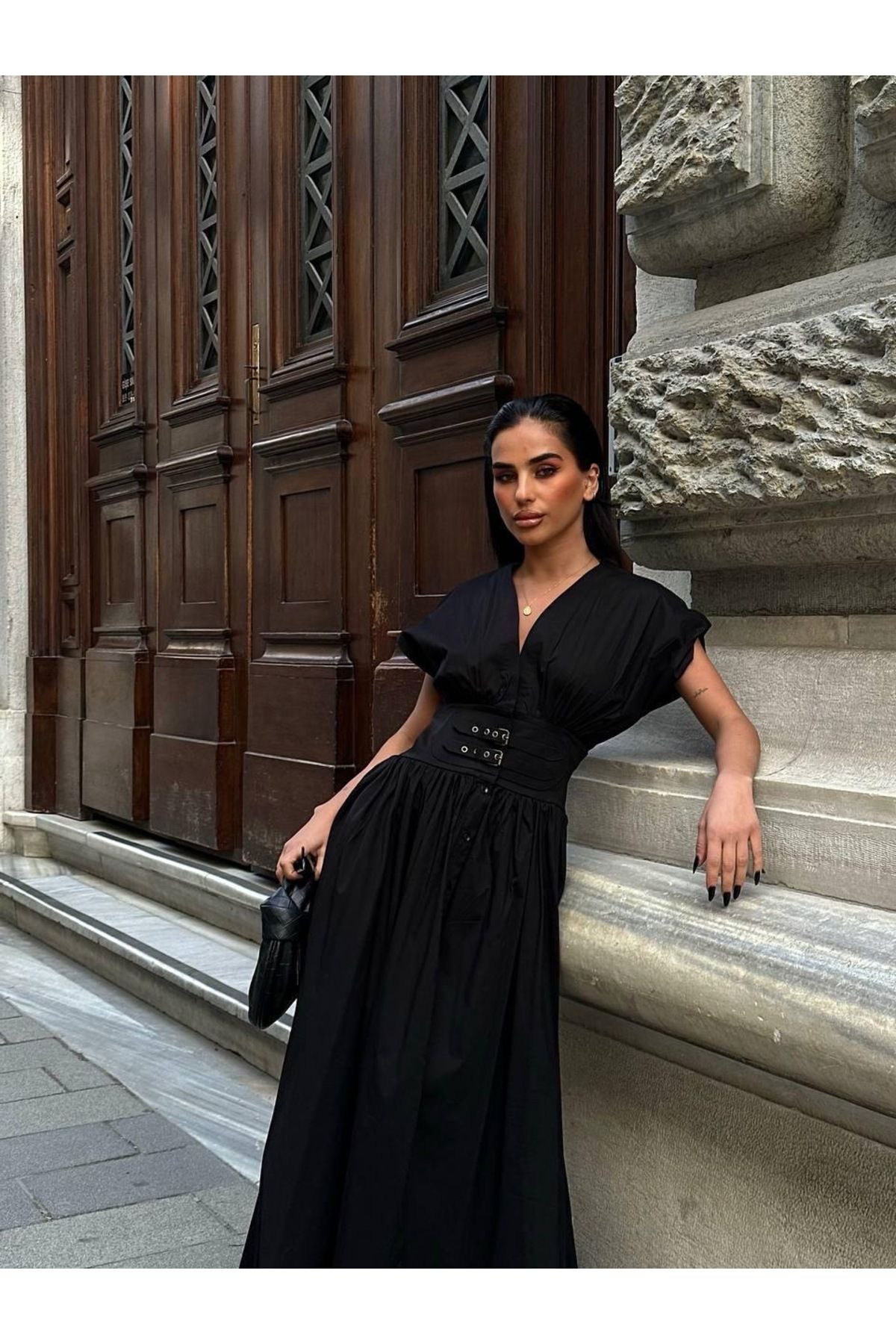 Ekim Store Beli Çift Kemerli Maxi Elbise