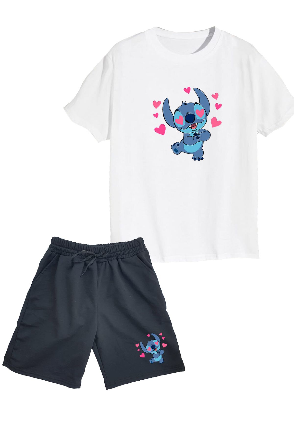makiteks 2'li Set Baskılı Kız Çocuk Pamuk Şort Tshirt Takım Lilo Stitch05 5 6 7 8 9 10 11 12 13 14 yaş Tişört