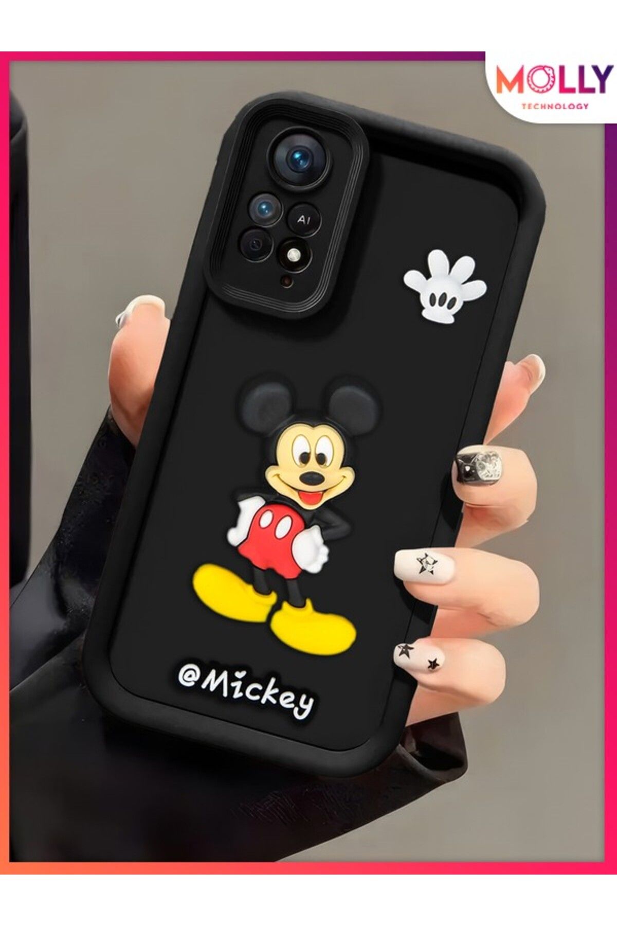 Molly Xiaomi Redmi Note 11 Pro İçin Siyah Kenarları Kalın 3d Kabartmalı Mickey Silikon Kılıf