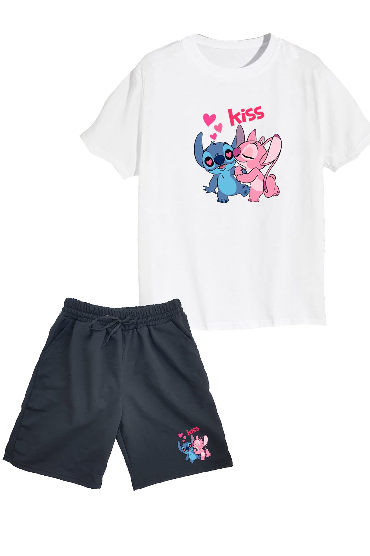 makiteks 2'li Set Baskılı Kız Çocuk Pamuk Şort Tshirt Takım Lilo Stitch04 5 6 7 8 9 10 11 12 13 14 yaş Tişört
