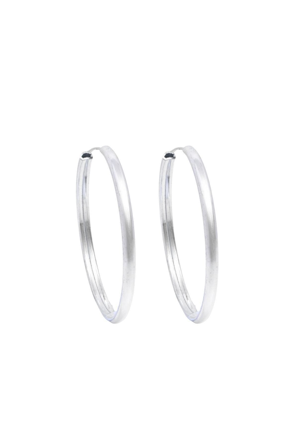 oya silver Oval Hatlı Yuvarlak Gümüş Halka Küpe –4.5x4.5cm- 3mm Kalınlık 925 Ayar
