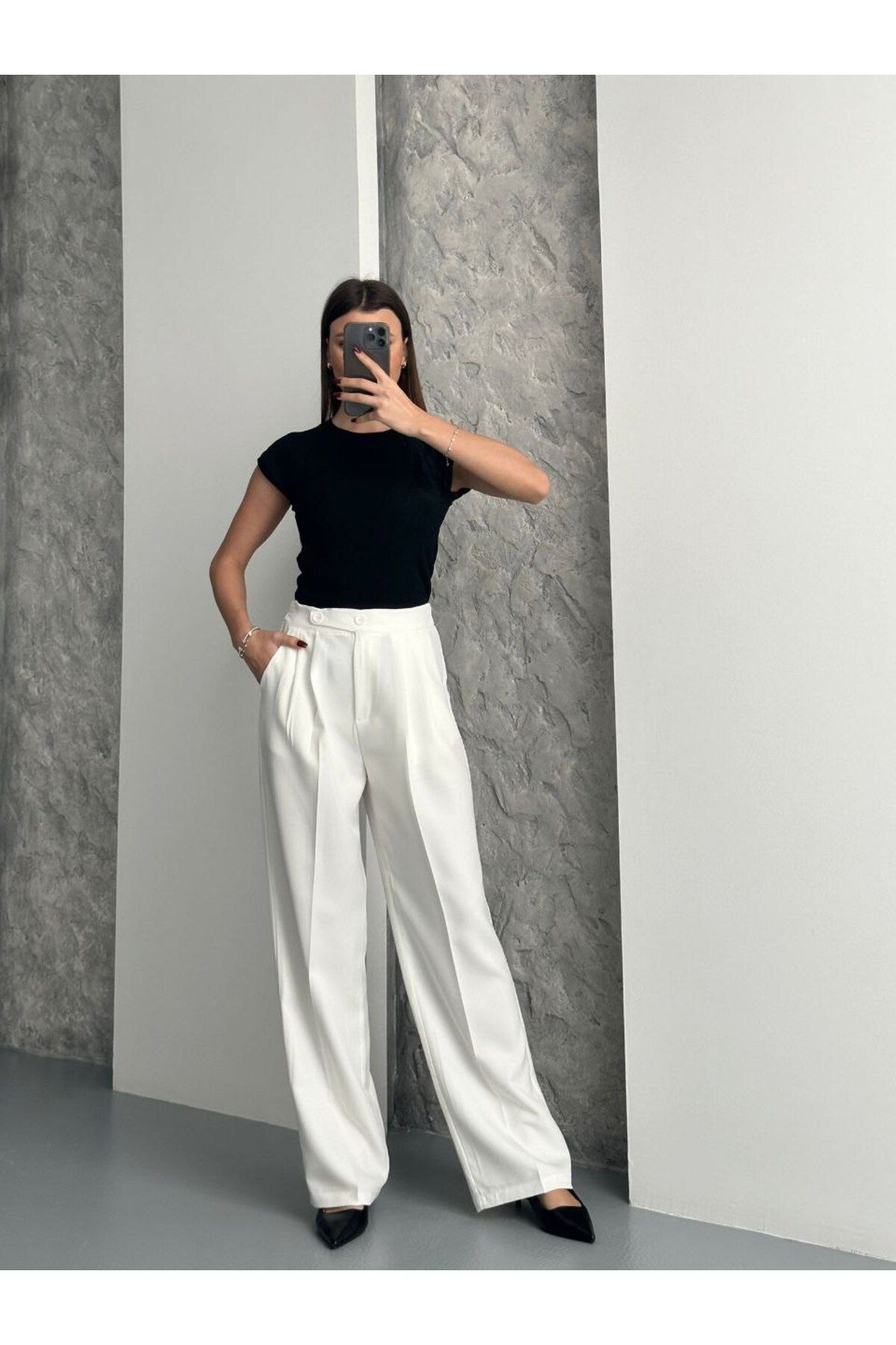 A&O Style Kadın Çift Düğmeli Likralı Beyaz Palazzo Pantolon