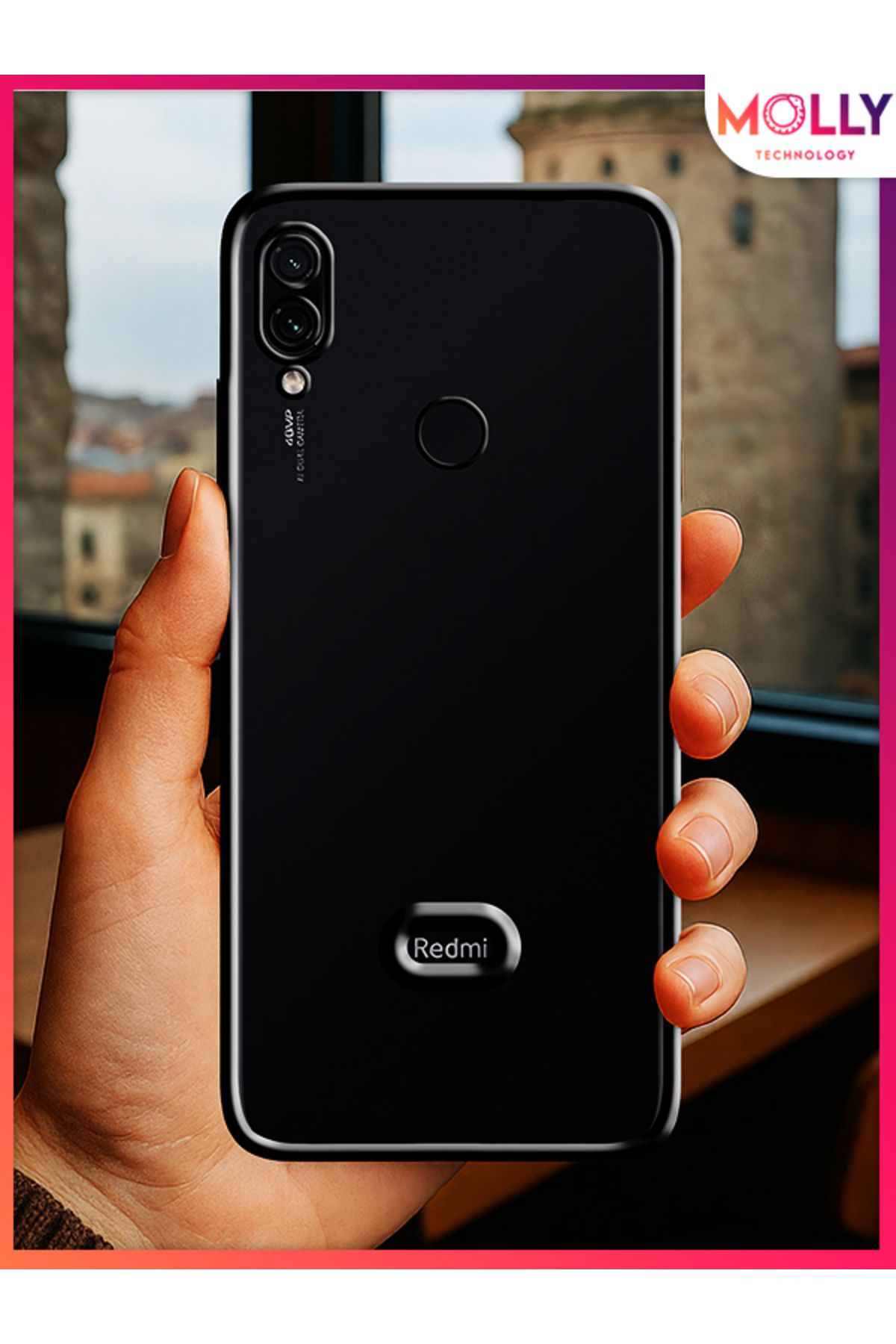 Molly Xiaomi Redmi Note 7 İçin Kenarları Siyah Lens Koruyuculu Lou Lazer Şeffaf Silikon Kılıf
