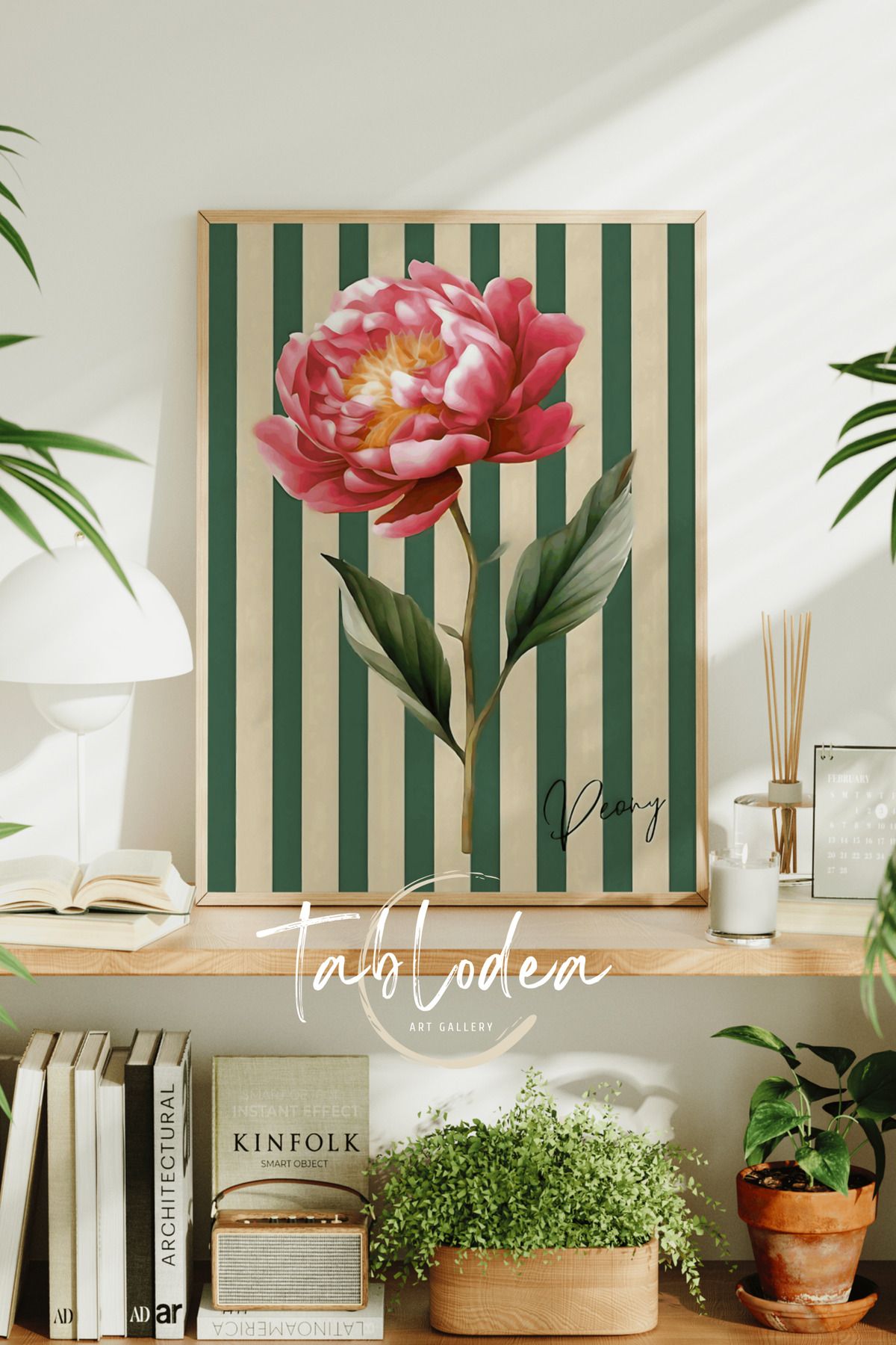 tablodea Vintage Şakayık Çiçeği Temalı Çerçeveli Poster Tablo, Minimalist Dekoratif Retro Duvar Tablosu