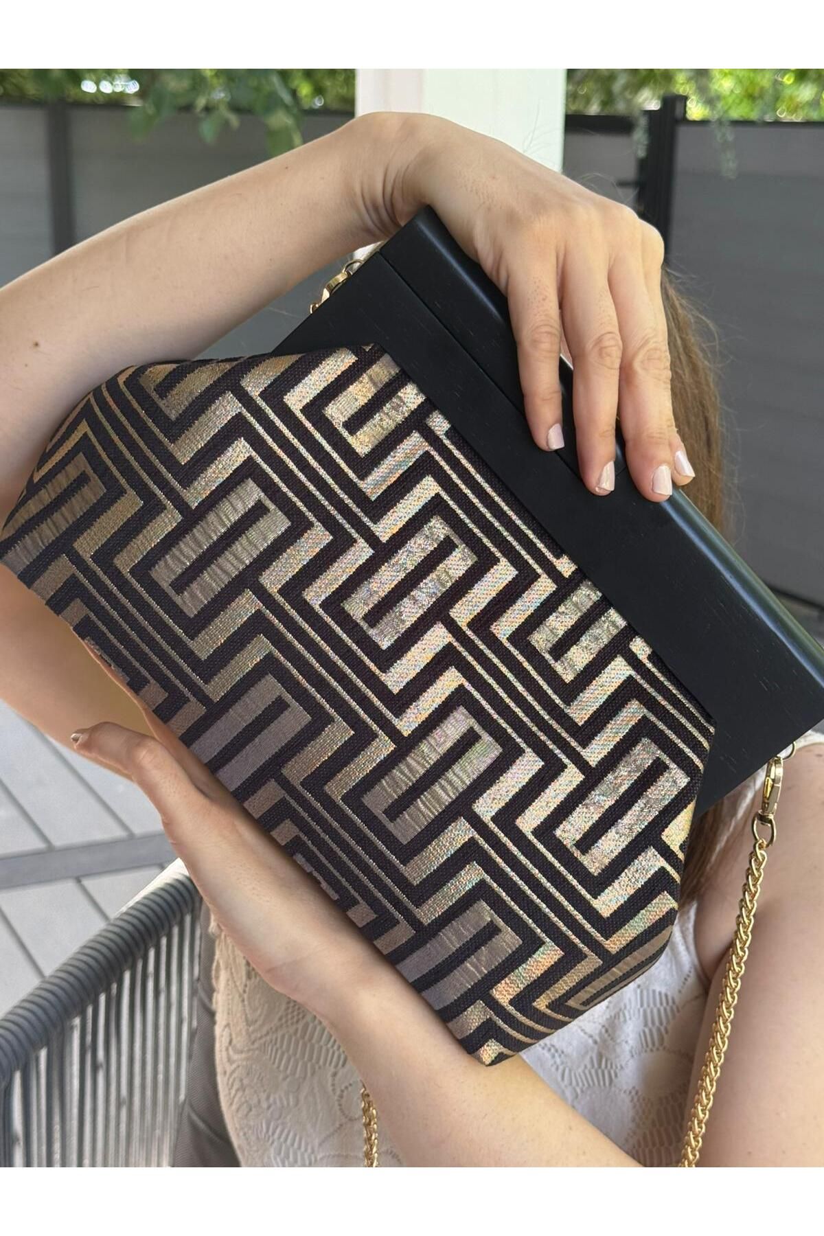 JOPHIEL Bahram Petite - Zincirli, Ahşap Burslu Kumaş Çanta, Clutch, El Çantası, Kol Çantası, Omuz Çantası