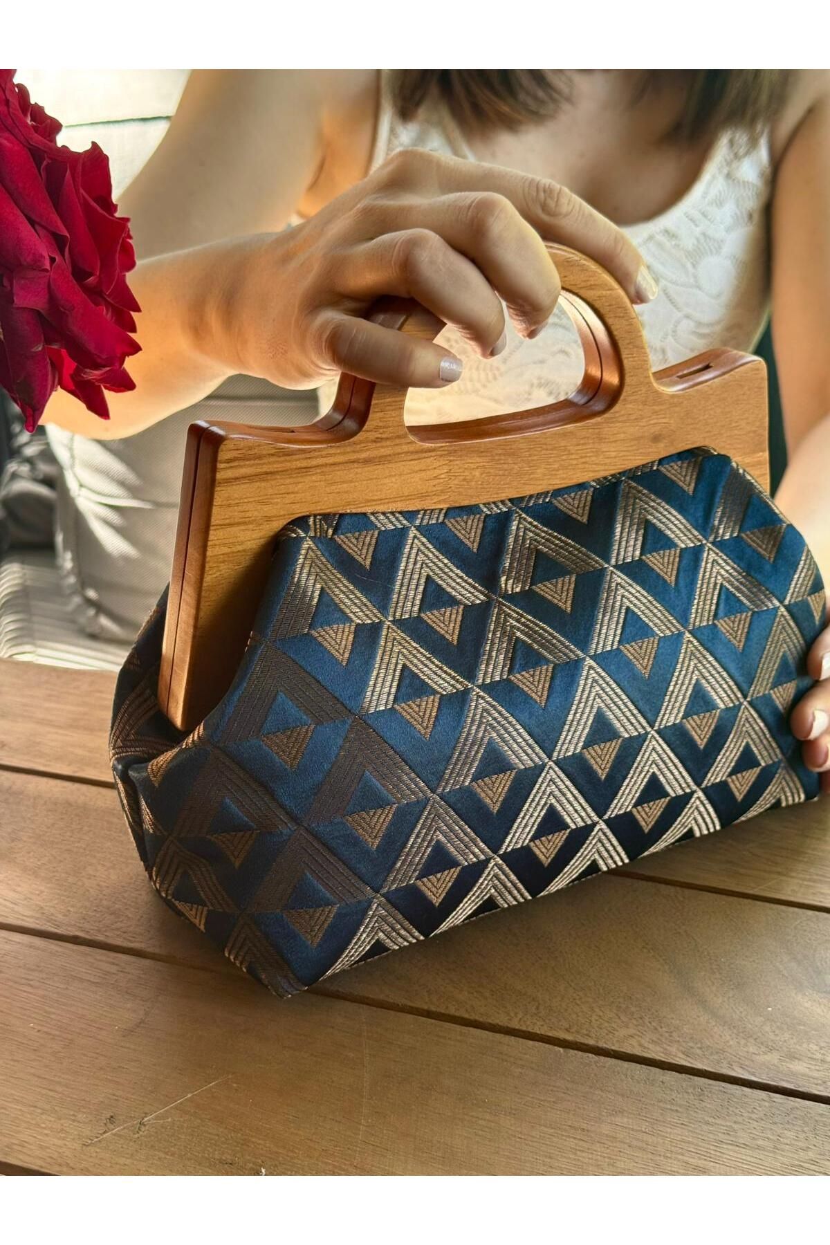 JOPHIEL Raphael - Ahşap Burslu Kumaş Çanta, Clutch, El Çantası, Portföy, Kadın Çanta, Çanta