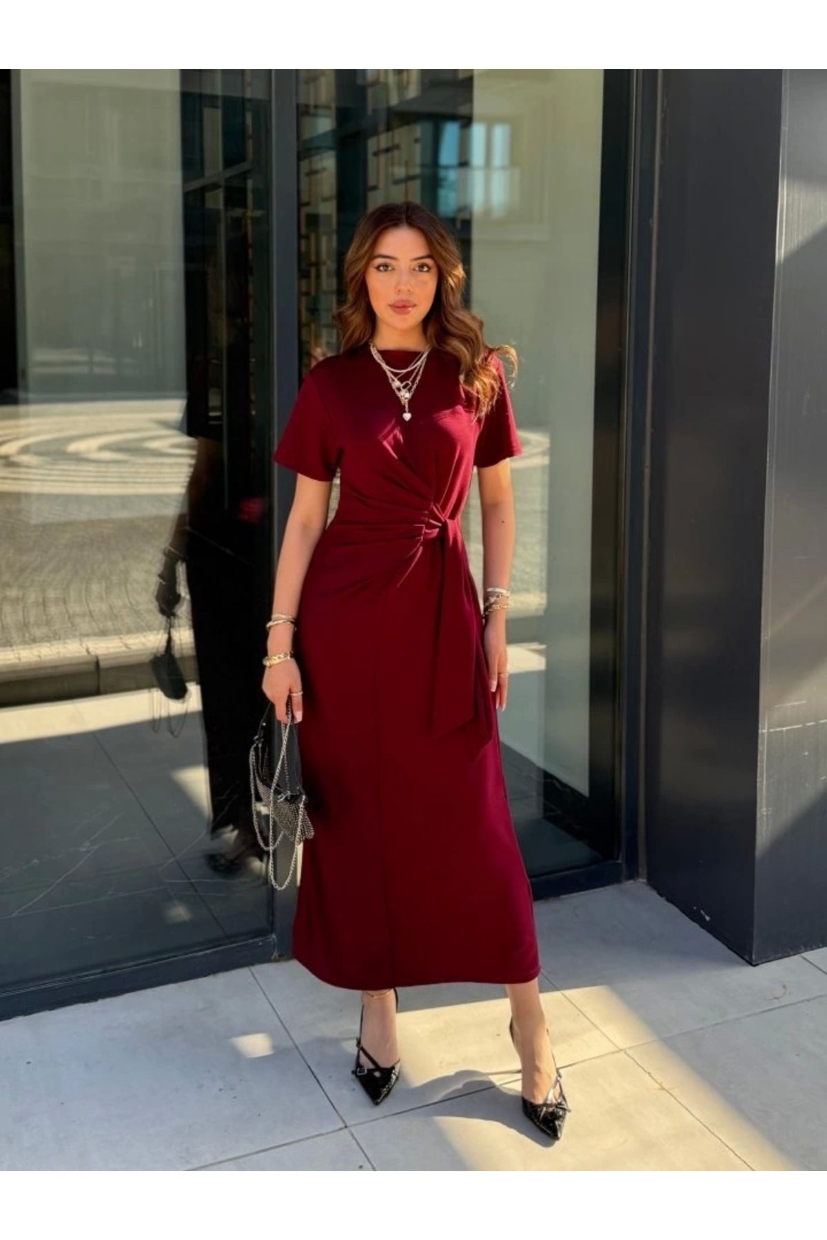 Butik Kadın Kısa Kollu Bisiklet Yaka Yandan Bağlamalı Viskon Iki Iplik Elbise