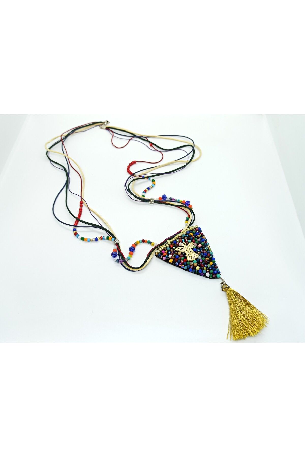 COOL&RELAX HANDMADE TASARIM RENKLİ KRİSTAL TAŞ DETAYLI ETNİK OTANTİK BOHEM UZUN GOLD PÜSKÜLLÜ KADIN KOLYE
