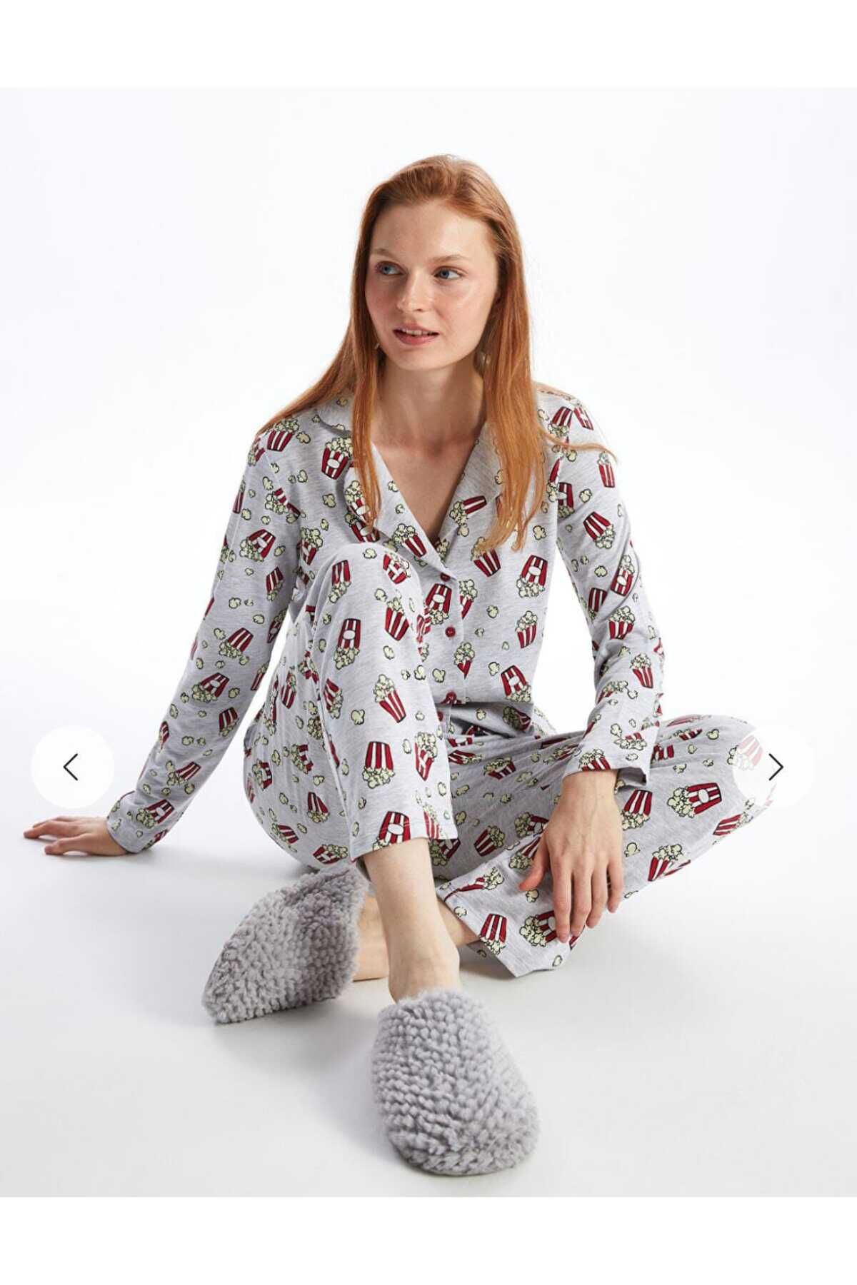 LC Waikiki LCW Young Gri Gömlek Yaka Baskılı Uzun Kollu Kadın Pijama Takımı