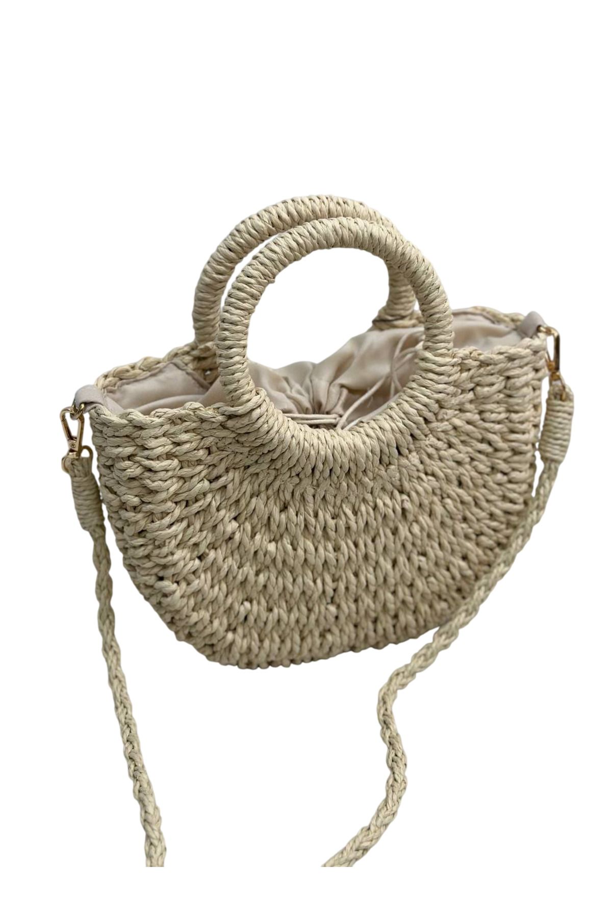 Kairon Accessories Katı Sert Örgü Yarım Ay Saplı Askılı Astar Büzgülü Bohem Mini Boy Hasır Çanta Kadın Omuz El Çanta