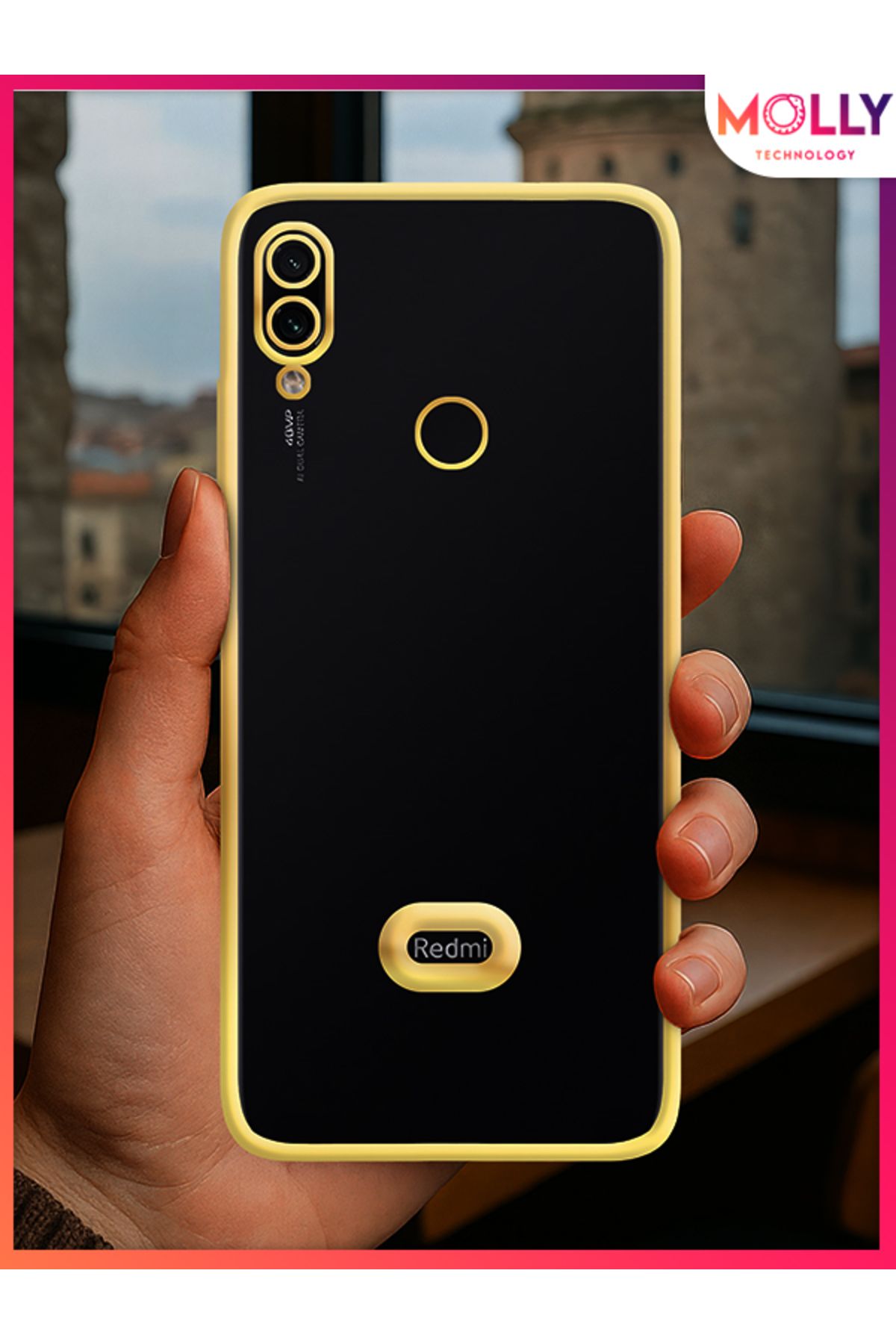 Molly Xiaomi Redmi Note 7 İçin Kenarları Gold Lens Koruyuculu Lou Lazer Şeffaf Silikon Kılıf
