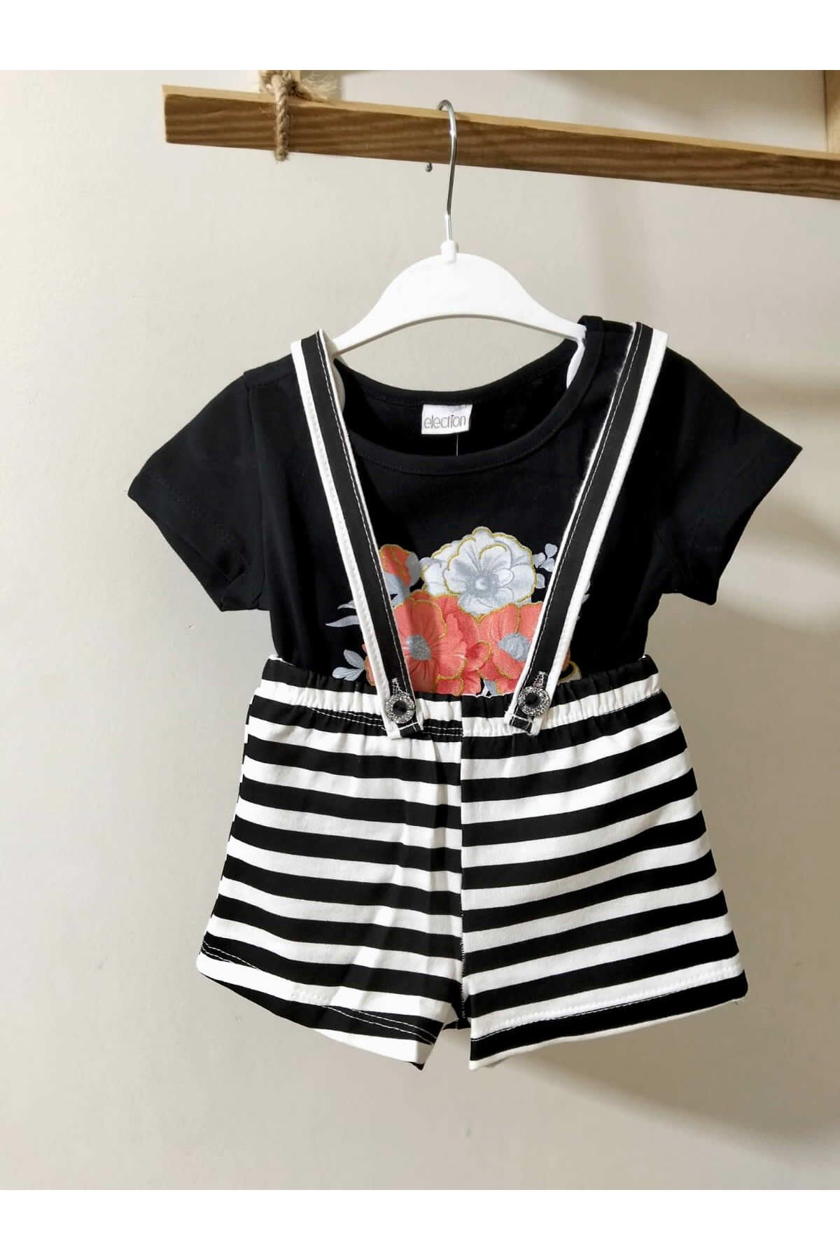 krm kerem bebe Çizgili Salopet Tulum & Baskılı T-Shirt Kız Bebek Takım