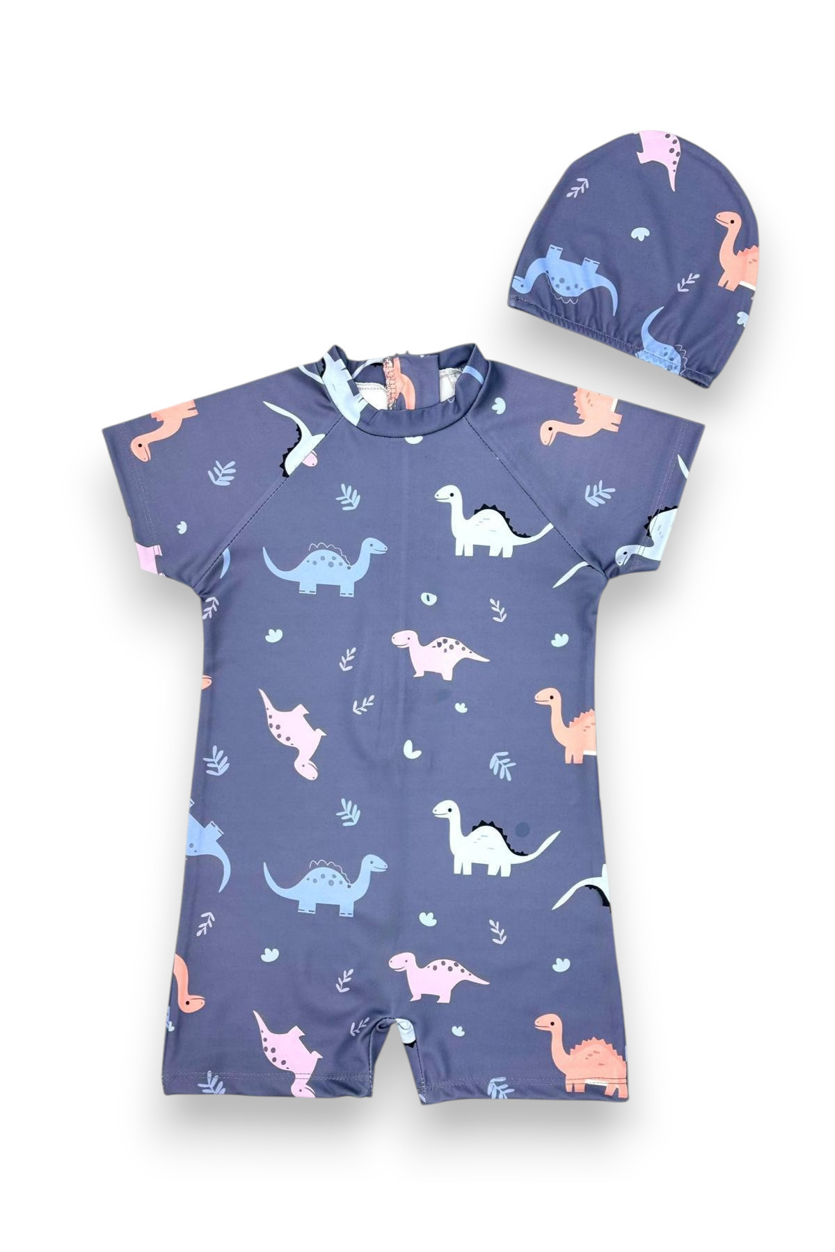 Boys Light Smoked Color Dinosaur Print Pattern Short Sleeve Full Body Swimsuit Set
