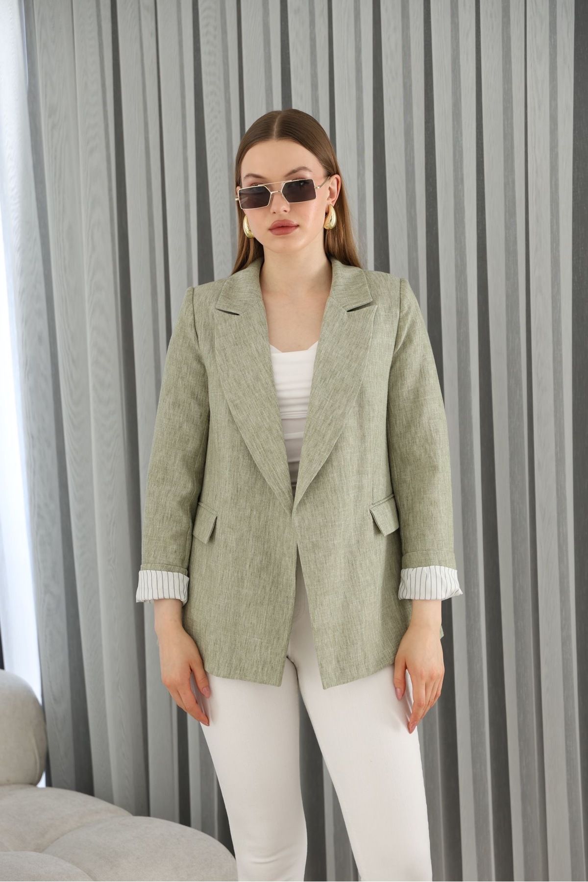 Ekim Store Keten İç Astarlı Çizgili Blazer Ceket