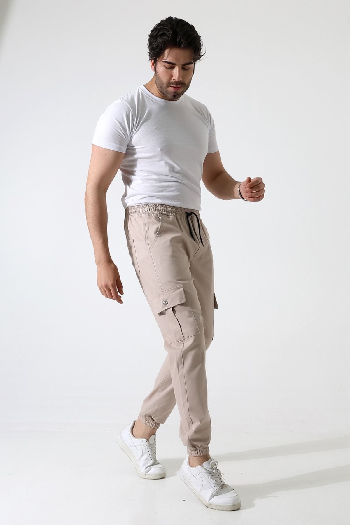 MODA KREM RENK KARGO CEP GABARDİN KUMAŞ PANTOLON