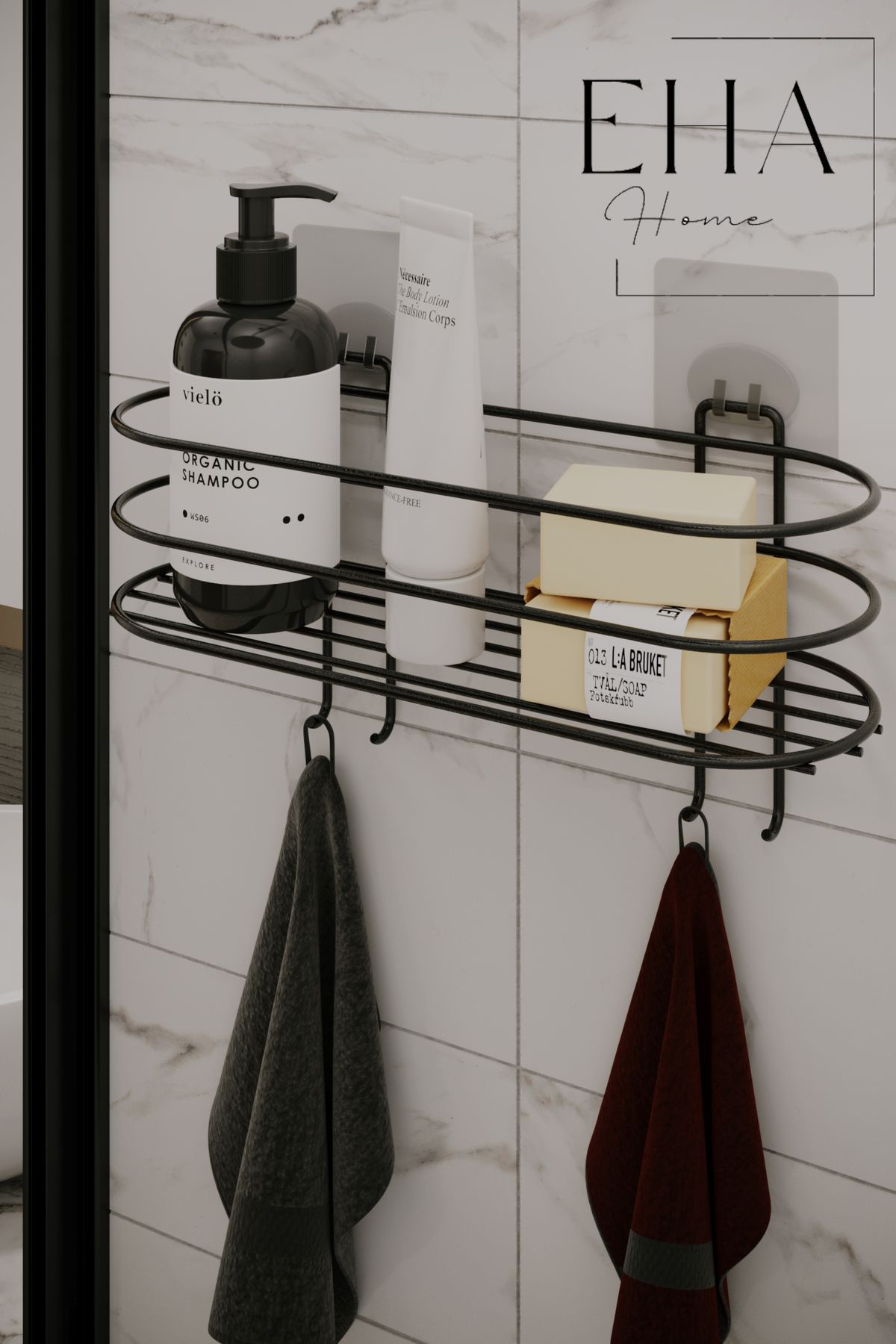 EHA HOME Siyah yapışkanlı Banyo Düzenleyici Şampuanlık Oval Banyo Rafı 4 Askılı Duş Rafı Organizer