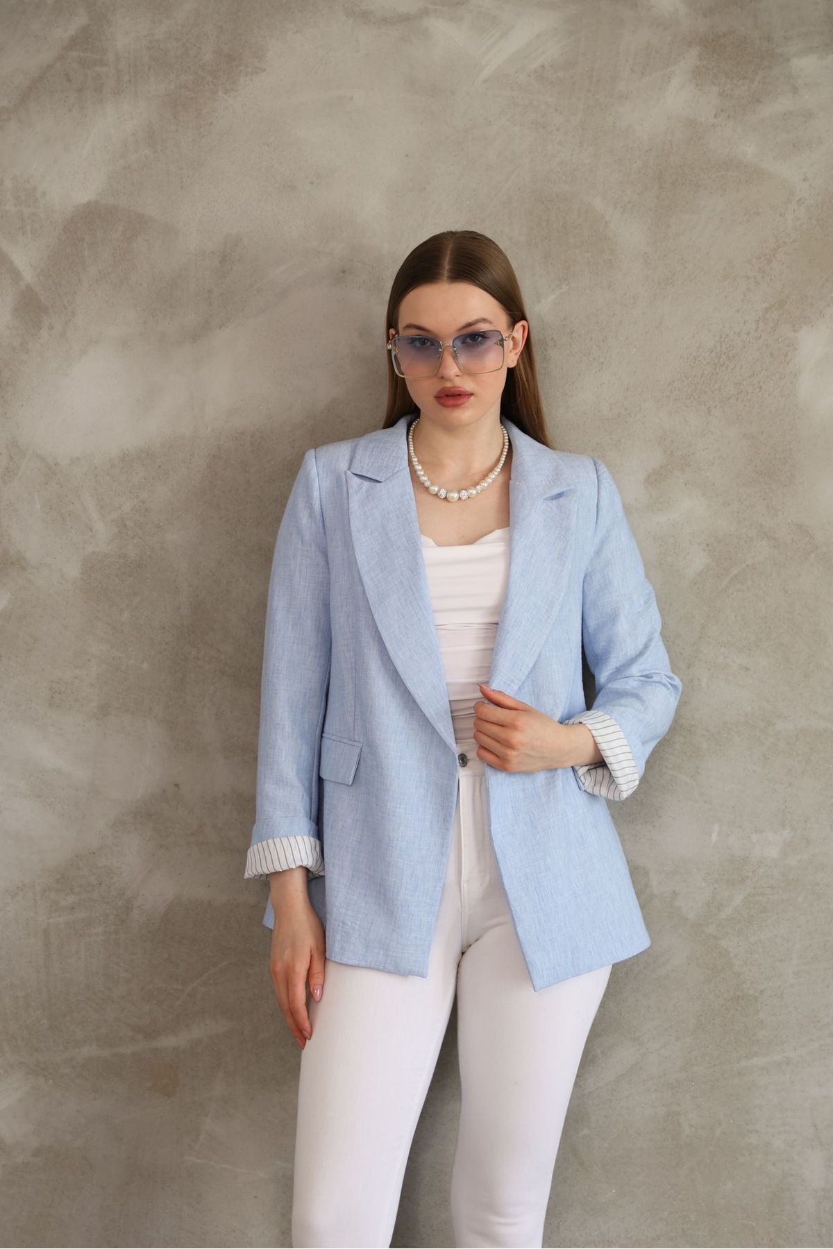 Ekim Store Keten İç Astarlı Çizgili Blazer Ceket