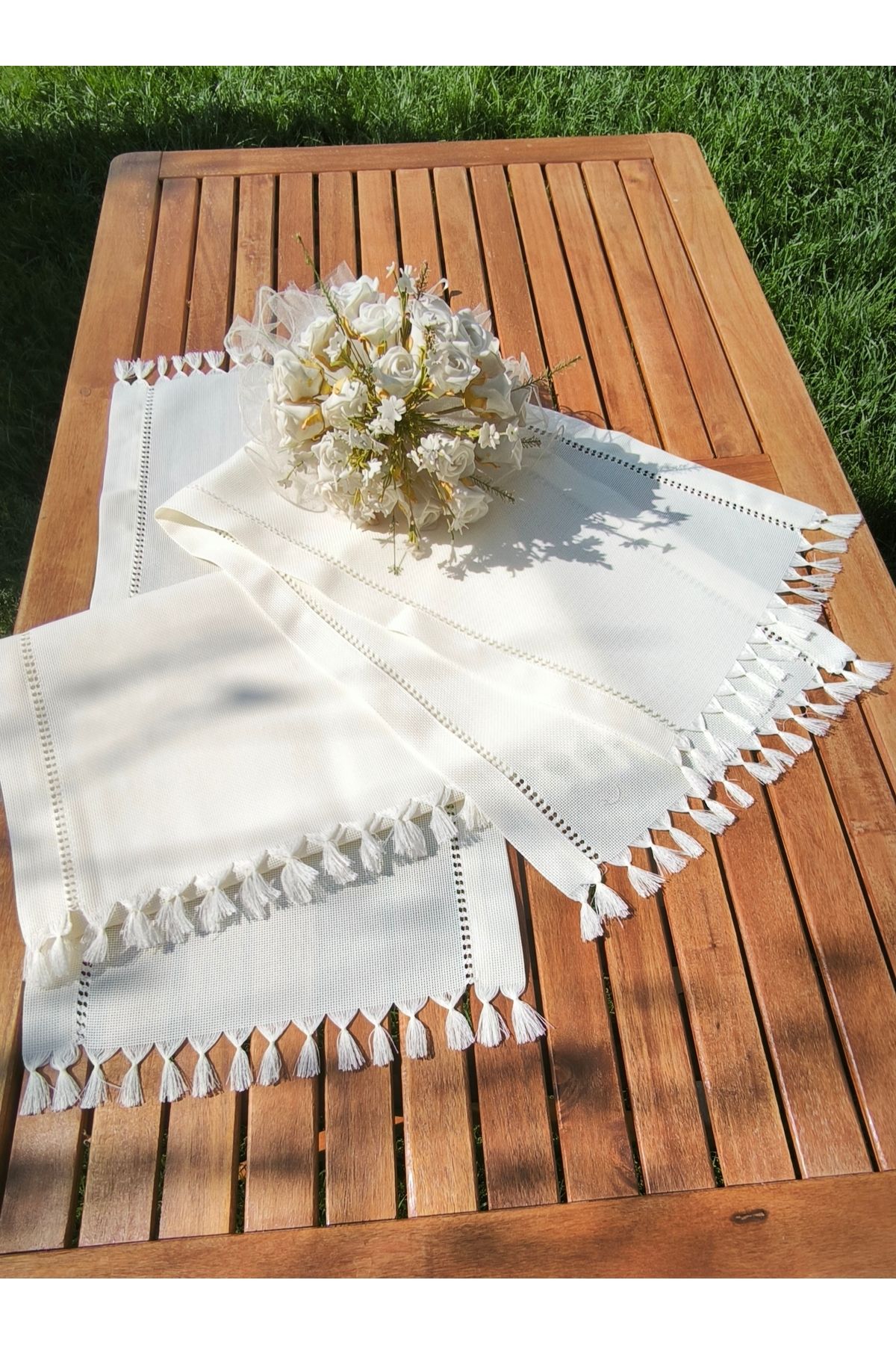 Butik Antikalı ve Püsküllü Linen Salon Takımı 3 Parça