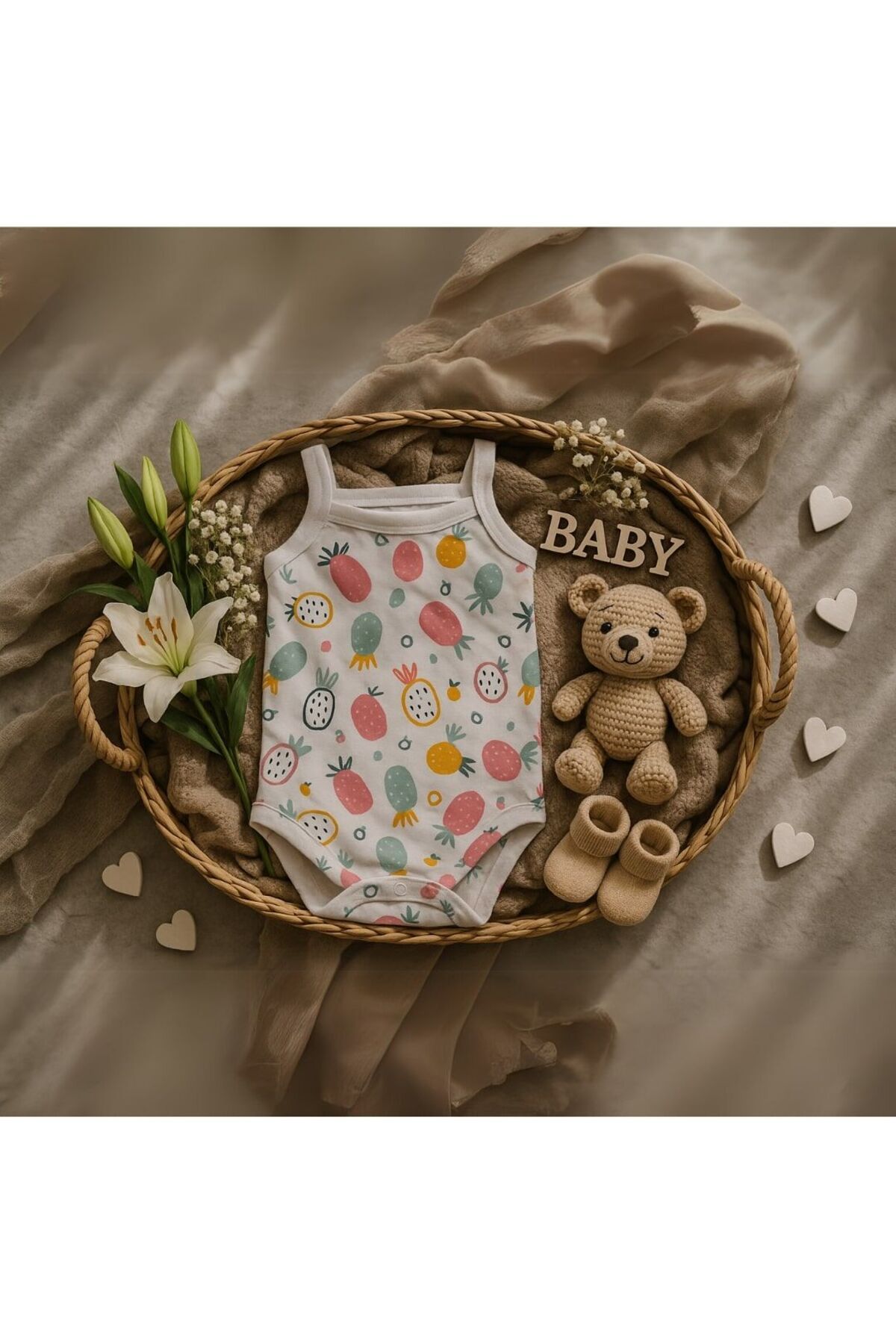 Babytoo Unısex Ananas Desenli Askılı Body