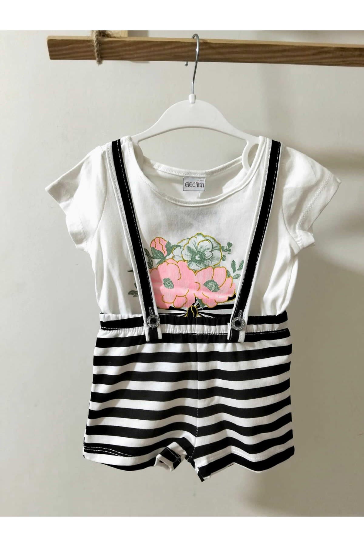 krm kerem bebe Çizgili Salopet Tulum & Baskılı T-Shirt Kız Bebek Takım