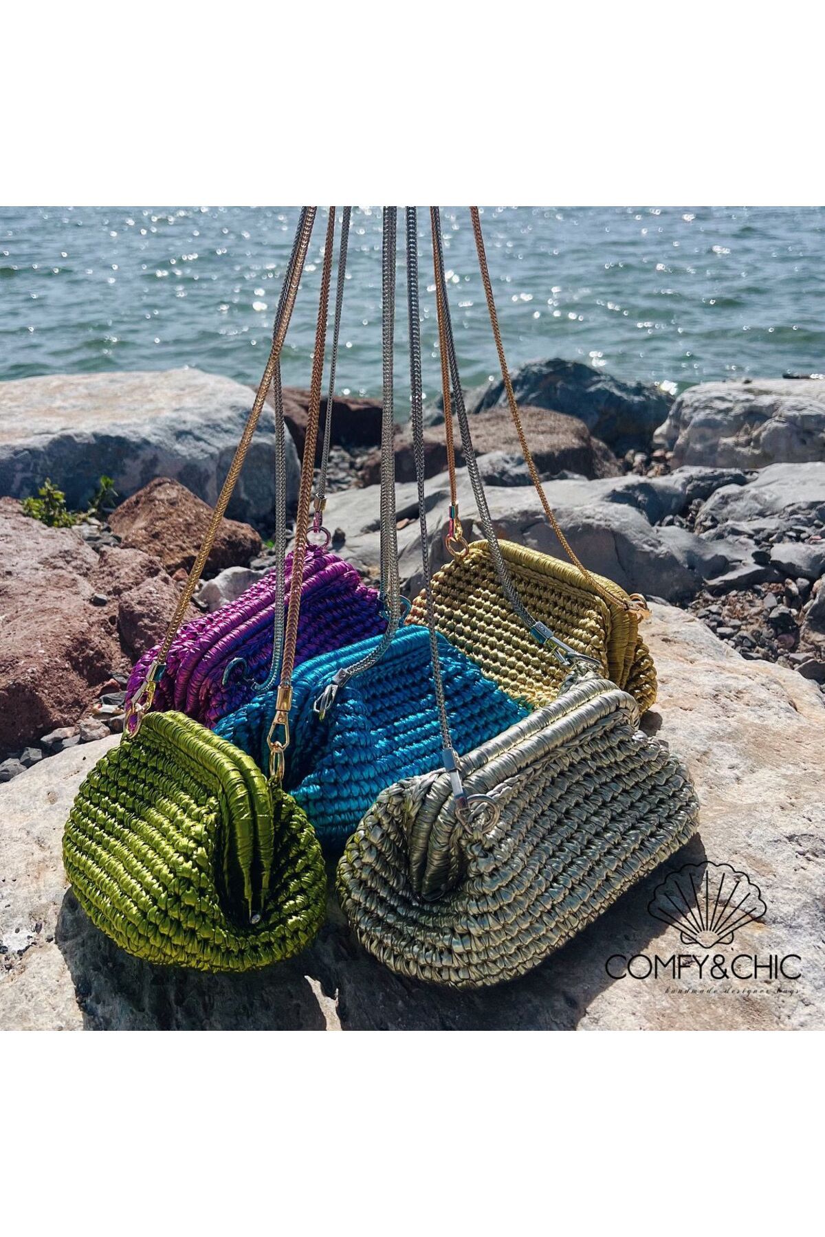 comfychic Metalic Glitter Deri Kadın Omuz Çantası & Clutch Çanta orta boy EL İŞÇİLİĞİ İLE ÖZEL ÜRETİM