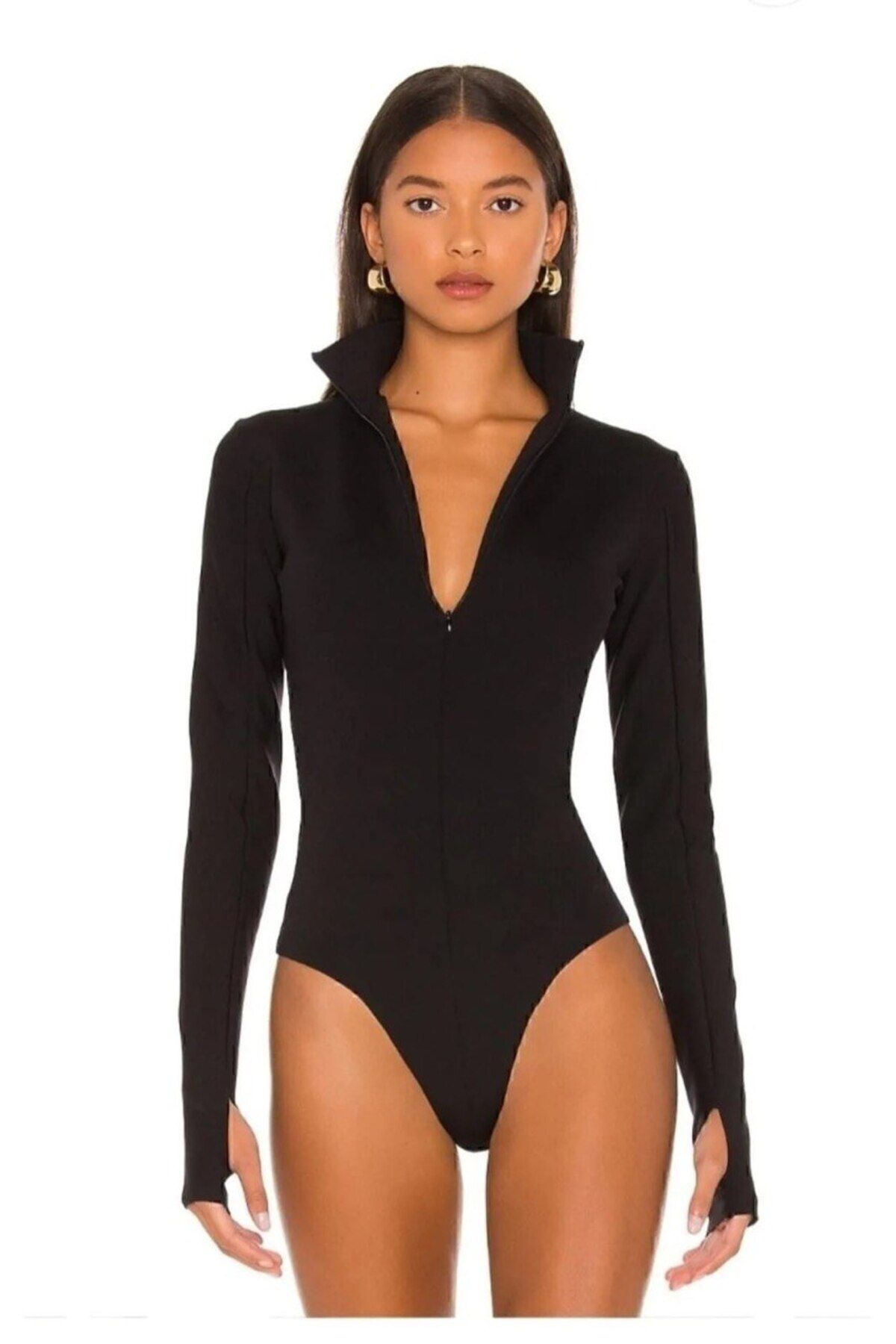 MetuCA Kadın Balıkçı Yaka Fermuar Detaylı Parmak Geçmeli İpek Jarse Bodysuit