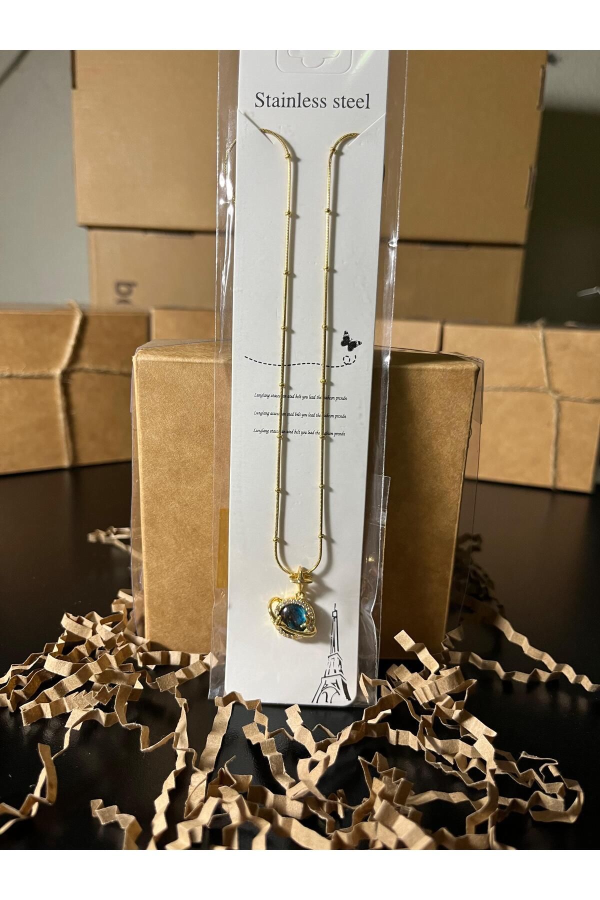 ENA Outlet Dorika Model Çelik Gold Renk Satürn Model Kolye