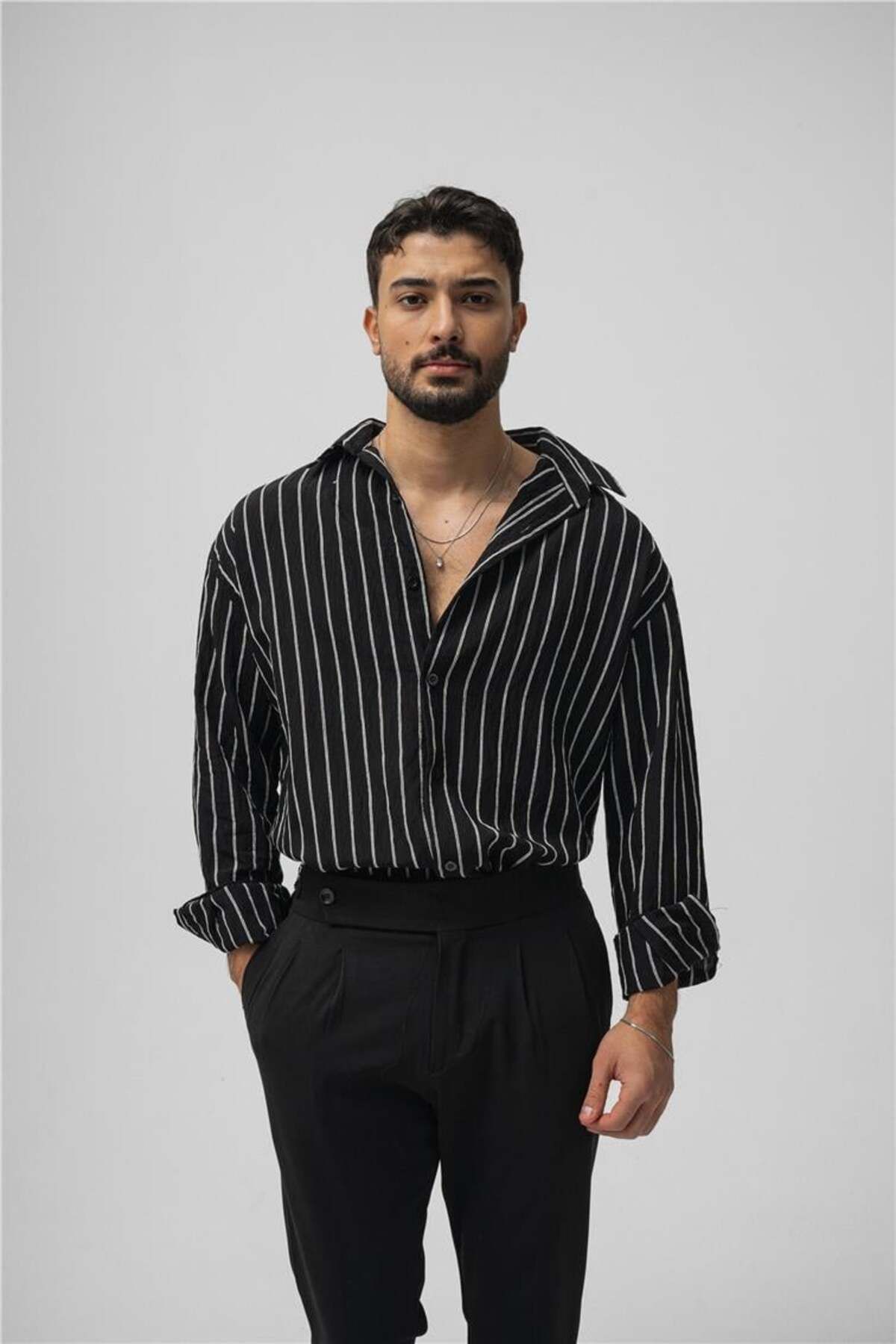 OUTFİT MAN Erkek Çizgili Modal Oversize Gömlek Siyah
