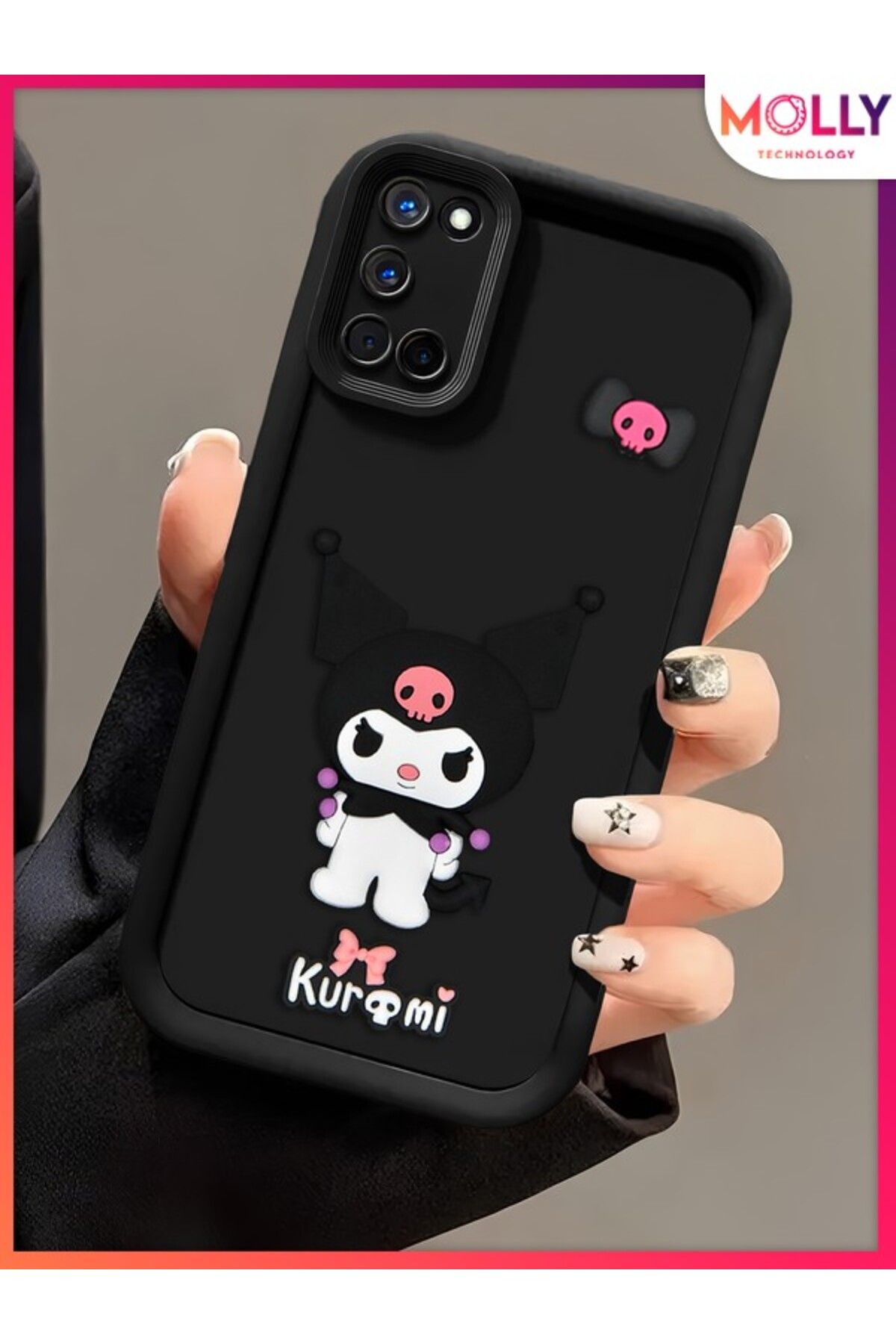 Molly Oppo A52 İçin Siyah Kenarları Kalın 3d Kabartmalı Kawaii Kuromi Silikon Kılıf