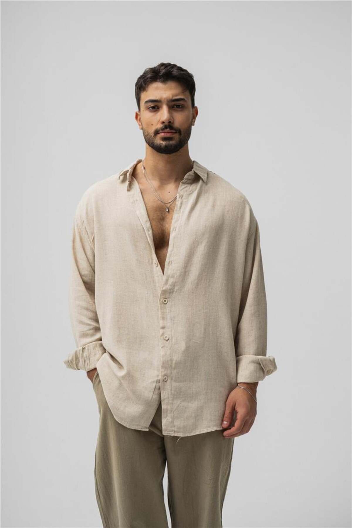 OUTFİT MAN Erkek Basic Keten Oversize Gömlek Bej